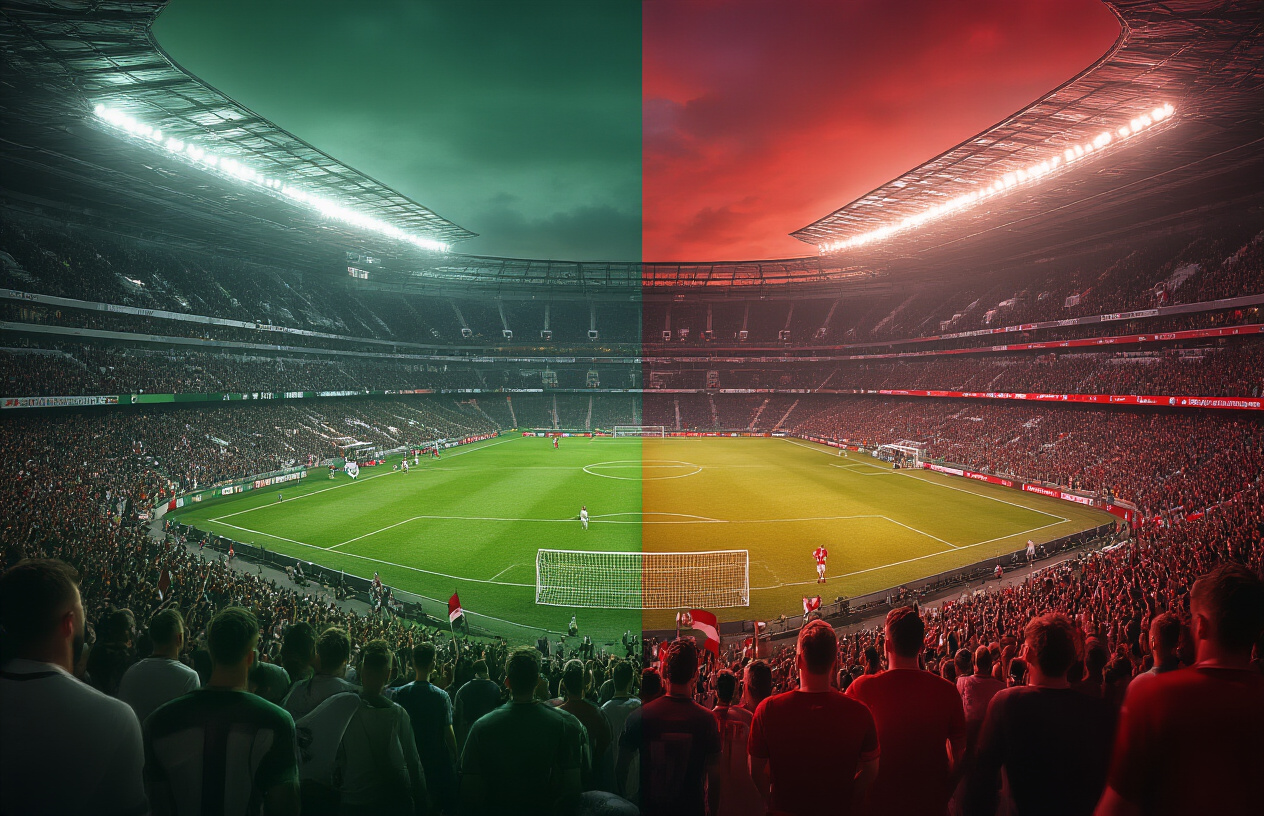 Create a realistic image of a split-screen composition showing two professional soccer stadiums side by side, with Groningen's Euroborg stadium on the left featuring green and white team colors, and Feyenoord's De Kuip stadium on the right with red and white team colors, both stadiums filled with cheering fans, dramatic evening lighting with stadium floodlights illuminating the pitches, soccer balls and team scarves visible in the foreground, creating a competitive atmosphere that represents historical rivalry between the two Dutch football clubs, Absolutely NO text should be in the scene.