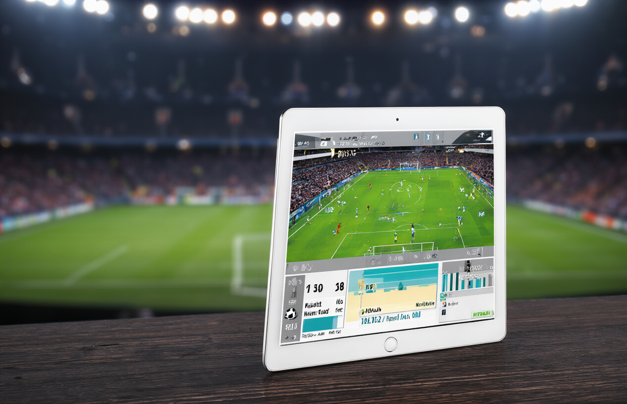Create a realistic image of a modern smartphone or tablet displaying a live football match tracking interface with real-time statistics, scores, and player positions on the screen, placed on a dark wooden table with a football stadium blurred in the background, complemented by ambient evening lighting that creates a focused atmosphere on the device screen, showing dynamic data visualization elements like live score updates, player heat maps, and match timeline graphics. Absolutely NO text should be in the scene.