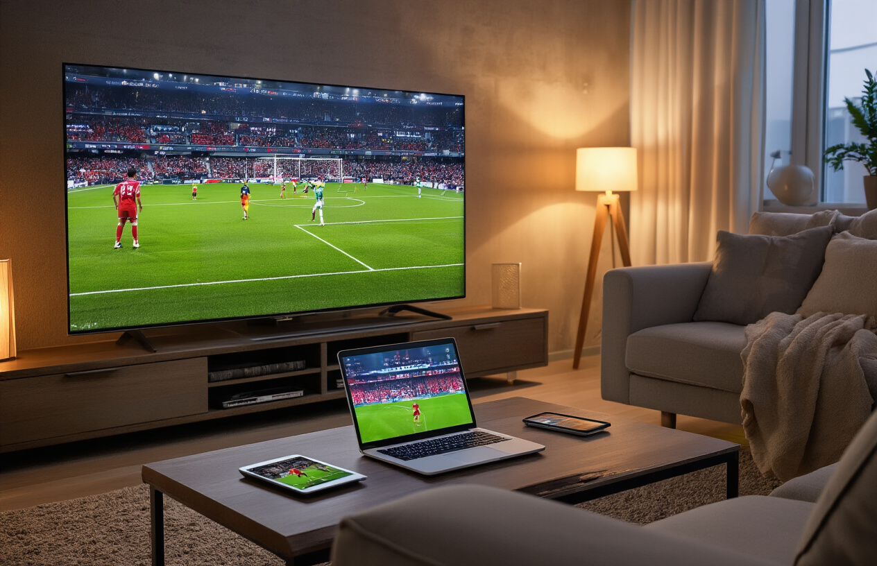 Create a realistic image of a modern living room with a large flat-screen TV displaying a soccer match between two teams, a laptop open on a coffee table showing streaming interface, a tablet and smartphone nearby also displaying sports content, comfortable seating arranged facing the screens, warm ambient lighting from table lamps, and a cozy home entertainment setup that suggests multiple viewing options for watching football matches, absolutely NO text should be in the scene.
