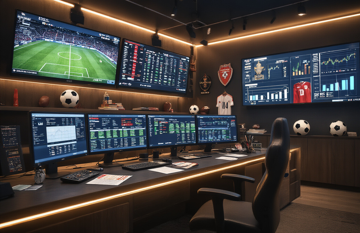 Create a realistic image of a modern betting office or sportsbook environment with multiple computer monitors displaying football odds and statistics, a sleek desk with betting slips and calculators, charts and graphs showing odds analysis on wall-mounted screens, a professional atmosphere with clean lighting, soccer balls and team memorabilia subtly placed in the background, warm indoor lighting creating a focused analytical mood, absolutely NO text should be in the scene.