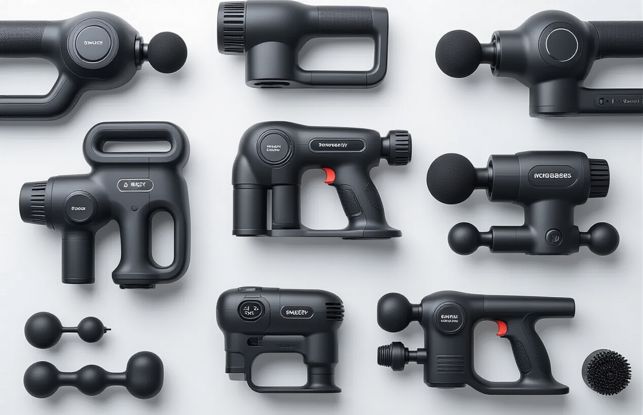 Create a realistic image of multiple massage guns displayed on a clean white surface showing their key features, with different models showcasing various attachments, speed settings, battery indicators, and ergonomic grips, arranged in an organized layout with soft natural lighting from above, shot from a slightly elevated angle to clearly show the different components and design elements of each device. Absolutely NO text should be in the scene.