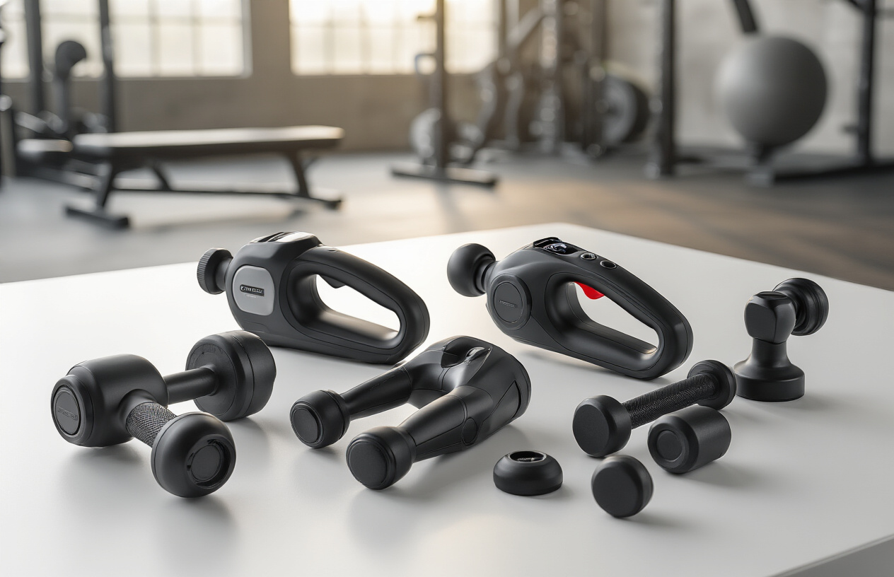 Create a realistic image of professional massage guns arranged on a clean white surface with a sleek athletic training facility background, featuring three to four high-end percussive therapy devices with different attachments and heads displayed prominently, soft professional lighting highlighting the metallic and black finishes of the devices, with a subtle gym equipment blur in the background suggesting a professional sports training environment, absolutely NO text should be in the scene.