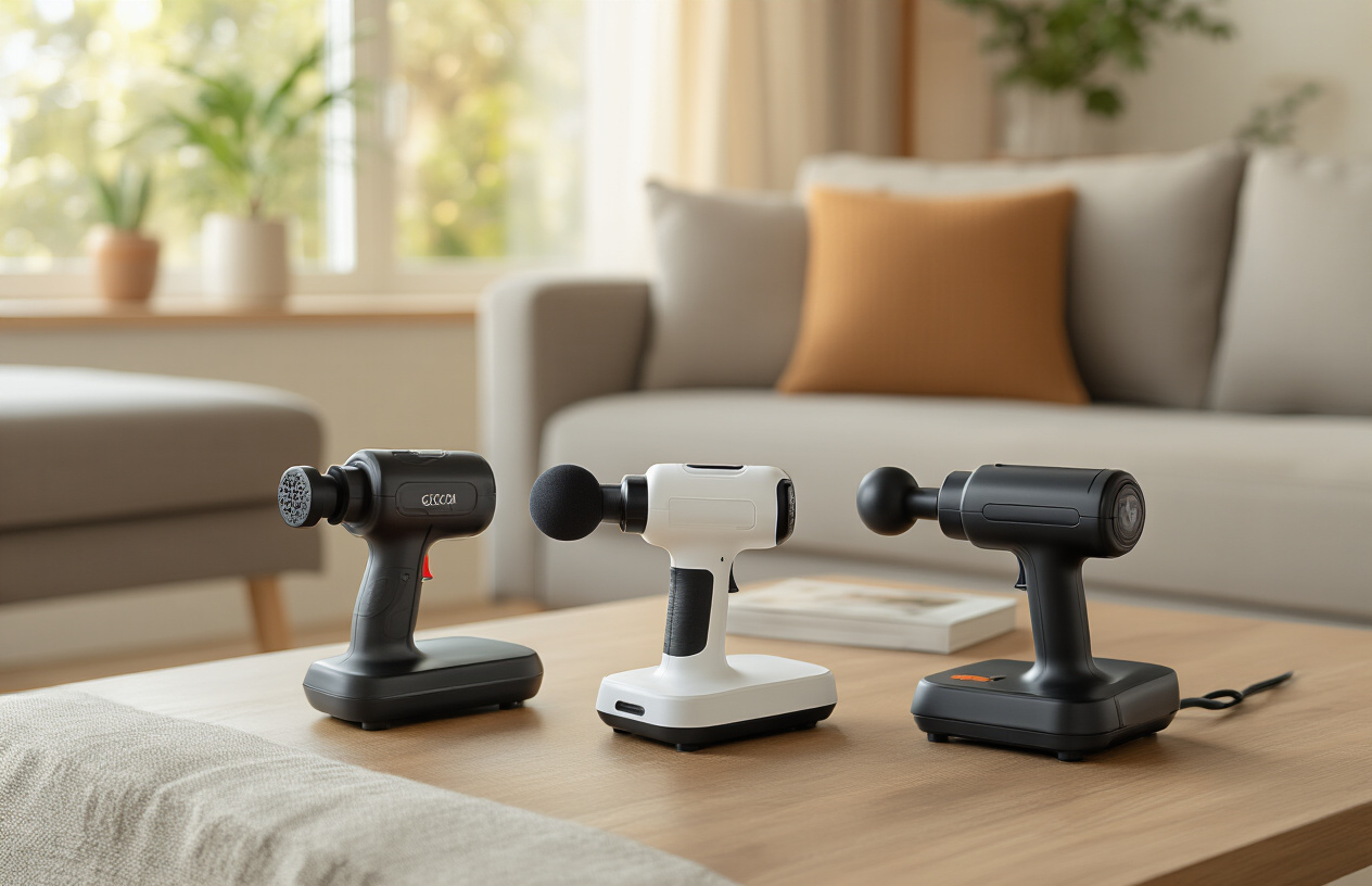 Create a realistic image of three affordable massage guns displayed on a modern home coffee table or desk surface, showing different budget-friendly models with varying designs and colors, positioned at slightly different angles to showcase their features, with a cozy home living room setting in the background featuring a comfortable sofa and warm natural lighting from a nearby window, creating an inviting domestic atmosphere that emphasizes home use and accessibility, absolutely NO text should be in the scene.