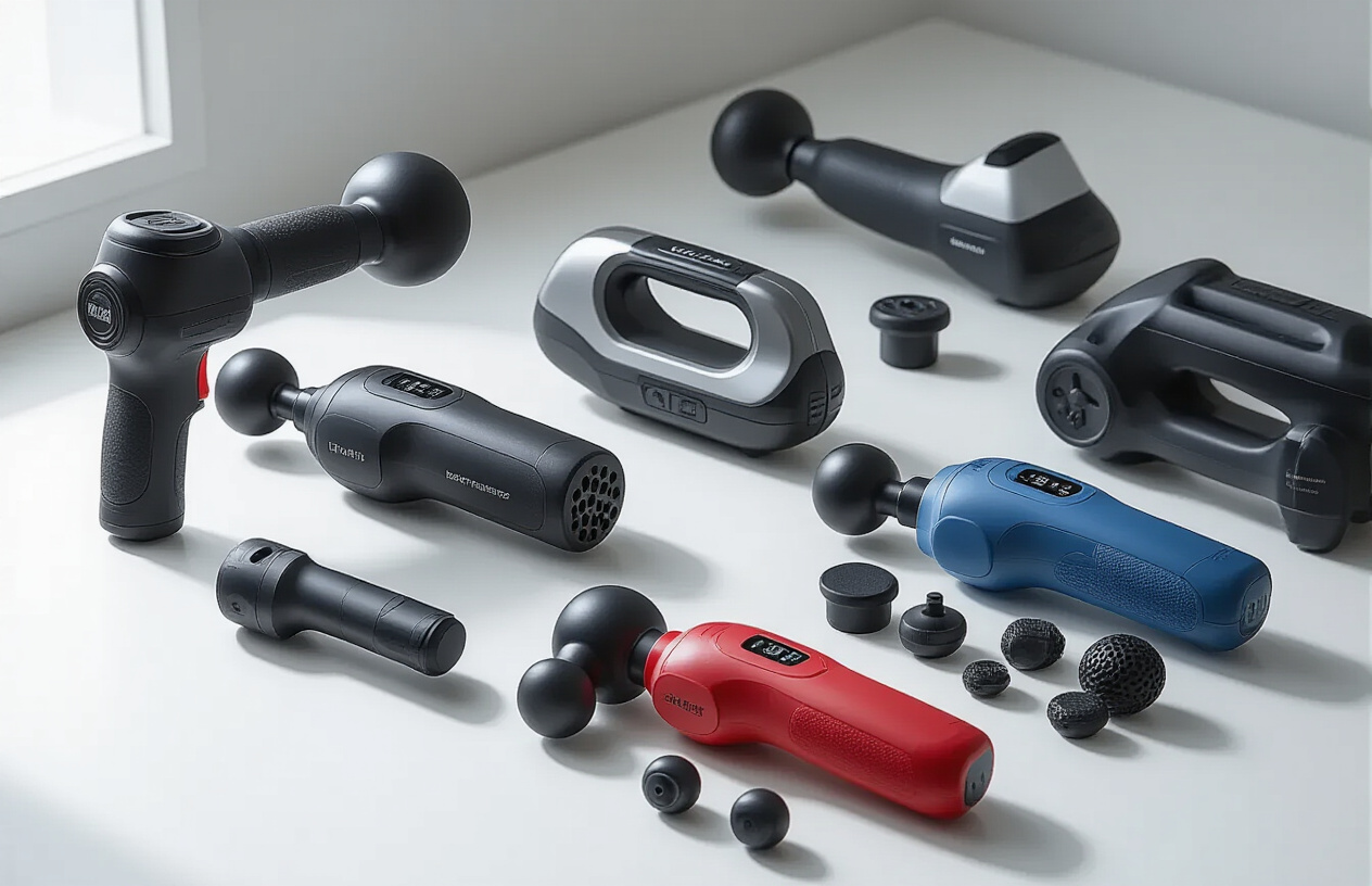 Create a realistic image of multiple massage guns of different sizes and designs arranged on a clean white surface, showing various specialized models including a compact travel-sized gun, a heavy-duty professional model with larger head attachments, a lightweight model for sensitive areas, and a mid-range versatile option, each featuring different colored bodies (black, silver, blue, red) and various massage head attachments displayed nearby, with soft natural lighting from above creating subtle shadows, clean modern background, professional product photography style, absolutely NO text should be in the scene.