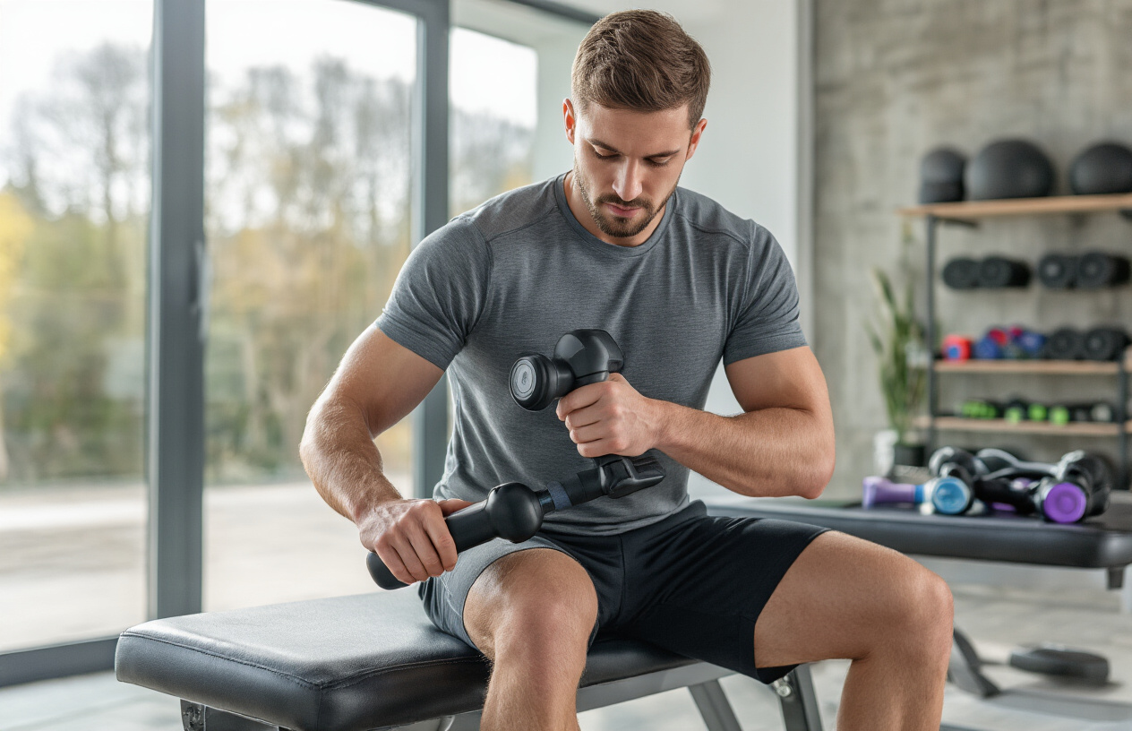 Create a realistic image of a white male athlete in athletic wear demonstrating proper massage gun technique on his calf muscle while seated on a gym bench, with the percussion massage device held at the correct angle against his leg, surrounded by a clean modern fitness environment with soft natural lighting from large windows, showing focused concentration and proper form for muscle recovery treatment, with additional massage guns and recovery equipment visible on a nearby table. Absolutely NO text should be in the scene.