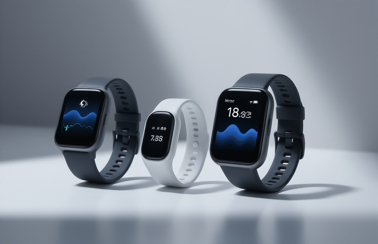 Create a realistic image of various wearable sleep tracking devices including smartwatches, fitness bands, and smart rings displayed on a clean white surface, with soft ambient lighting creating gentle shadows, showing the devices from different angles to highlight their sleek modern designs and screens, with some devices showing sleep-related icons or wave patterns on their displays, in a minimalist tech product photography style with a subtle gradient background transitioning from light gray to white, absolutely NO text should be in the scene.
