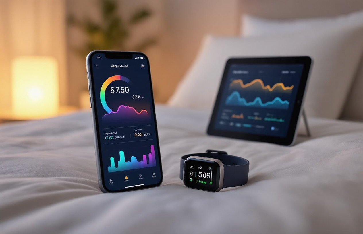Create a realistic image of a modern bedroom scene with sleep tracking technology displayed on a nightstand, featuring a smartphone showing colorful sleep data graphs and charts, a sleek fitness wearable device, and a bedside tablet displaying sleep analytics, with a neatly made bed in soft lighting, creating a calm and organized atmosphere that suggests optimized sleep monitoring, with warm ambient lighting from a bedside lamp, absolutely NO text should be in the scene.