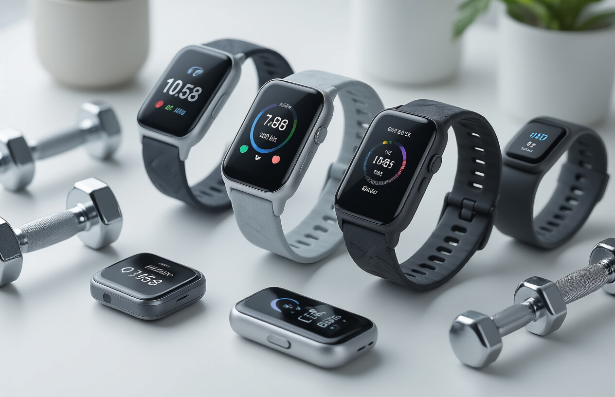 Create a realistic image of a close-up view of multiple wearable fitness trackers displayed on a clean white surface, including smartwatches and fitness bands in various colors like black, silver, and blue, with their screens showing different fitness metrics like step counts, heart rate displays, and activity rings, surrounded by subtle fitness-related props like dumbbells and a water bottle in soft focus, under bright natural lighting that highlights the sleek design and digital displays of the devices, creating a modern and motivational atmosphere that emphasizes technology-driven fitness tracking. Absolutely NO text should be in the scene.
