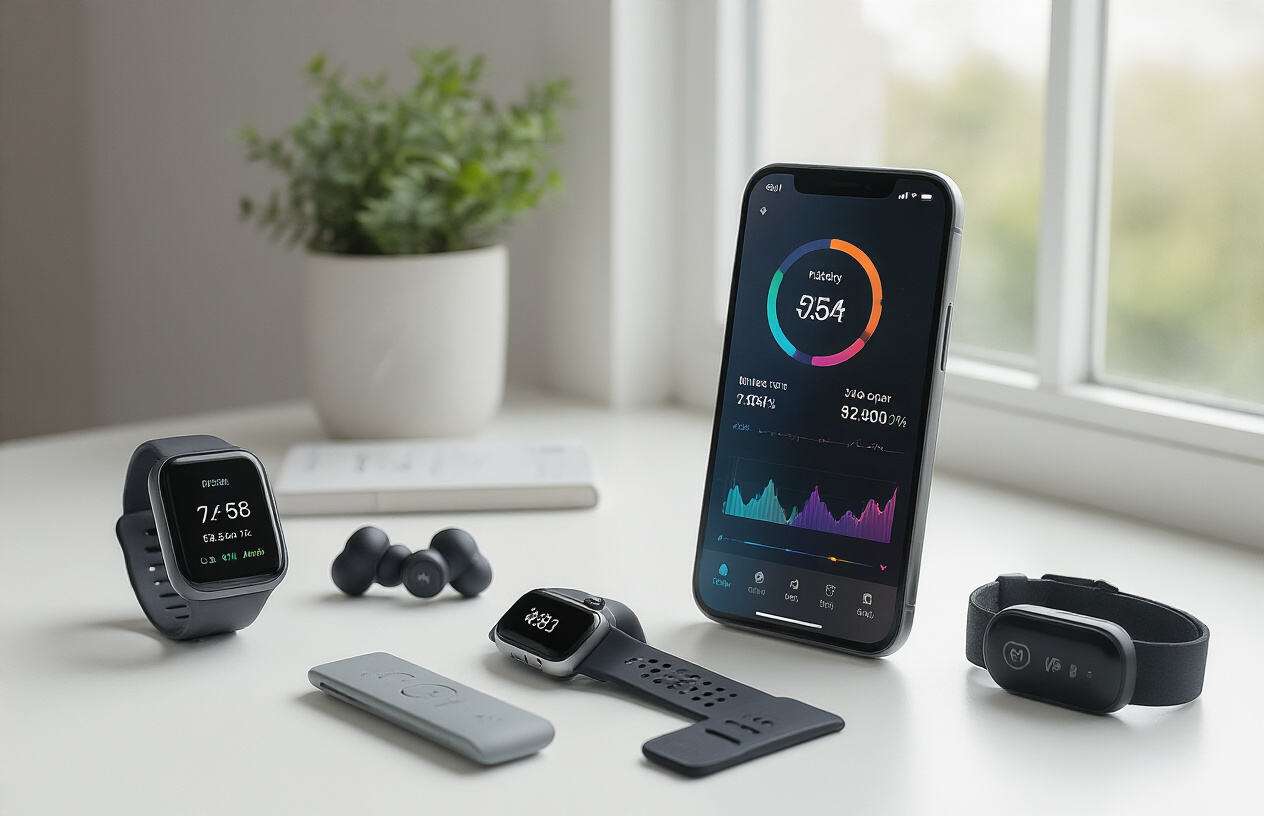 Create a realistic image of a modern smartphone displaying a colorful fitness tracking app interface with workout statistics and progress charts, surrounded by connected fitness devices including a smartwatch, wireless earbuds, a fitness tracker band, and a heart rate monitor chest strap, all arranged on a clean white desk surface with soft natural lighting from a window, creating a motivational tech-focused atmosphere that emphasizes digital fitness accountability and connectivity between devices, absolutely NO text should be in the scene.