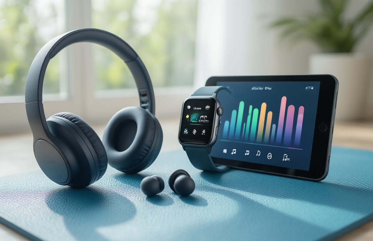 Create a realistic image of wireless headphones, fitness earbuds, a smartwatch with music controls, and a tablet displaying a colorful workout app interface arranged on a modern fitness mat, with soft natural lighting from a nearby window creating gentle shadows, featuring a clean and motivating atmosphere with subtle blue and green color tones in the background, absolutely NO text should be in the scene.
