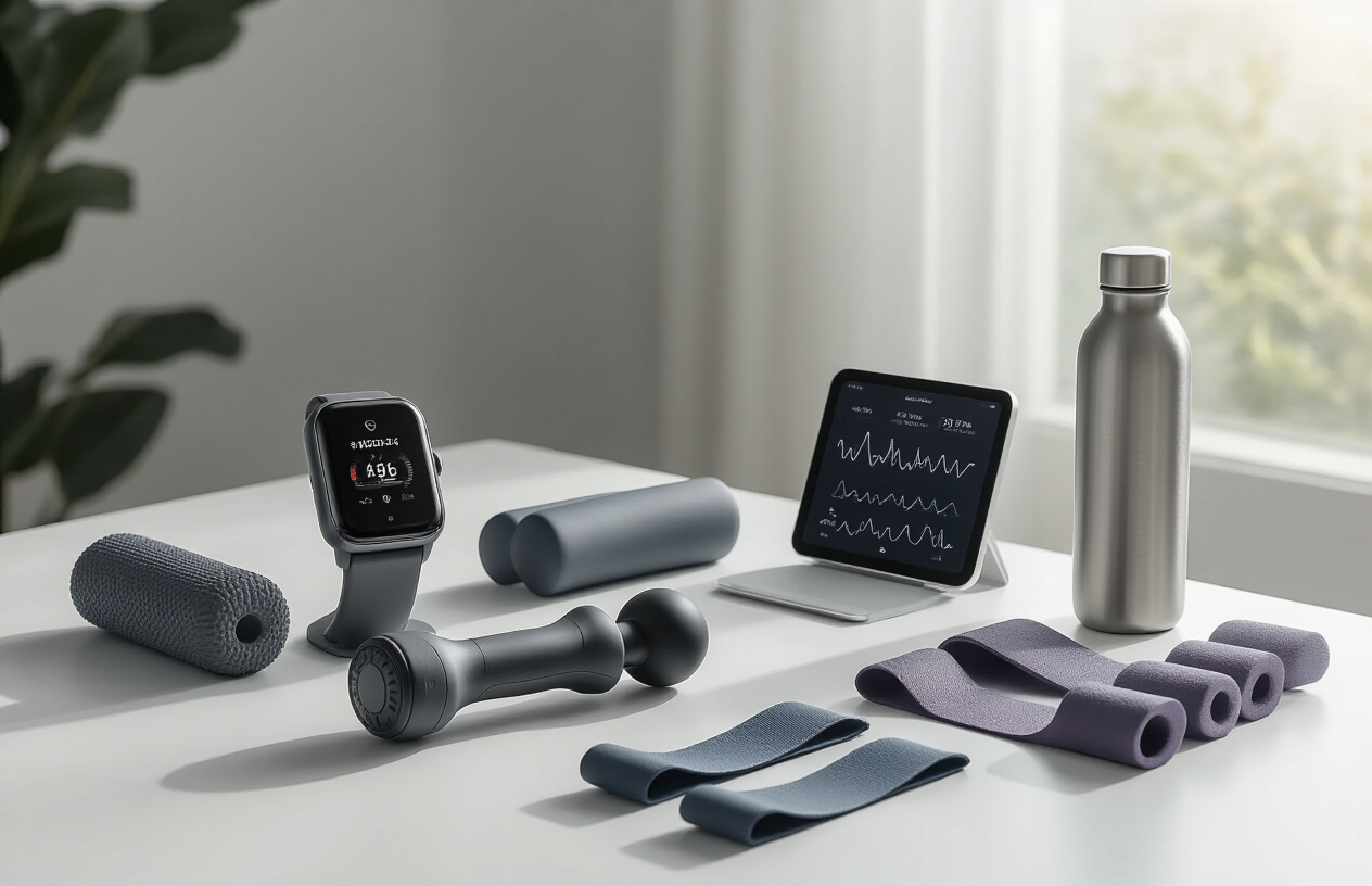 Create a realistic image of modern recovery and wellness fitness gadgets artfully arranged on a clean white surface, including a massage gun with interchangeable heads, a smartwatch displaying heart rate data, foam rollers in different sizes, compression sleeves, a meditation app-enabled tablet, resistance bands, and a sleek water bottle, all positioned in a bright, minimalist setting with soft natural lighting from a nearby window, creating gentle shadows that emphasize the premium quality of the wellness equipment, with a subtle background of a modern home gym or wellness space, conveying a sense of motivation and health-focused lifestyle, absolutely NO text should be in the scene.