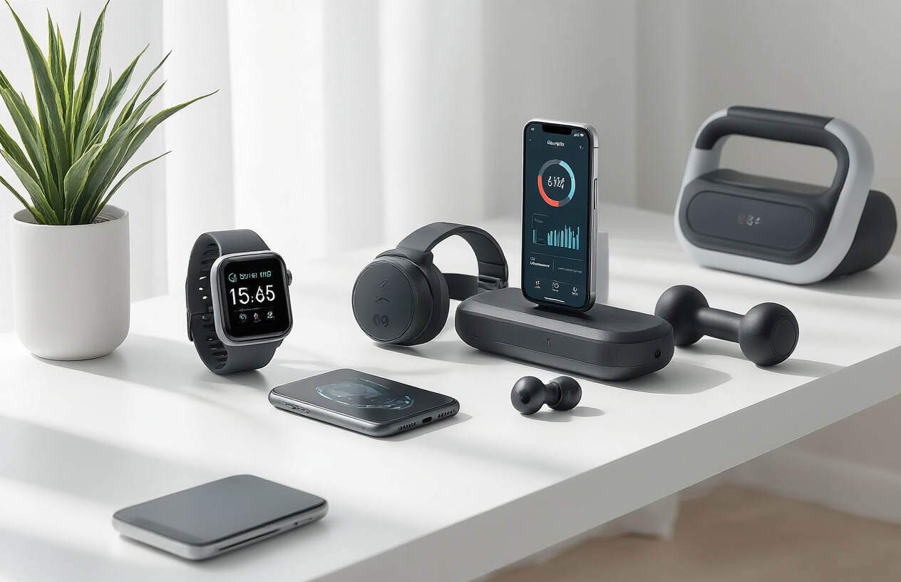 Create a realistic image of a modern fitness setup showing multiple motivation gadgets arranged on a clean white surface, including a smartwatch displaying fitness metrics, wireless earbuds, a smartphone with a fitness app interface, a compact smart home gym device, and a massage gun for recovery, with soft natural lighting from the side creating gentle shadows, conveying a sense of achievement and technological advancement in fitness motivation, absolutely NO text should be in the scene.