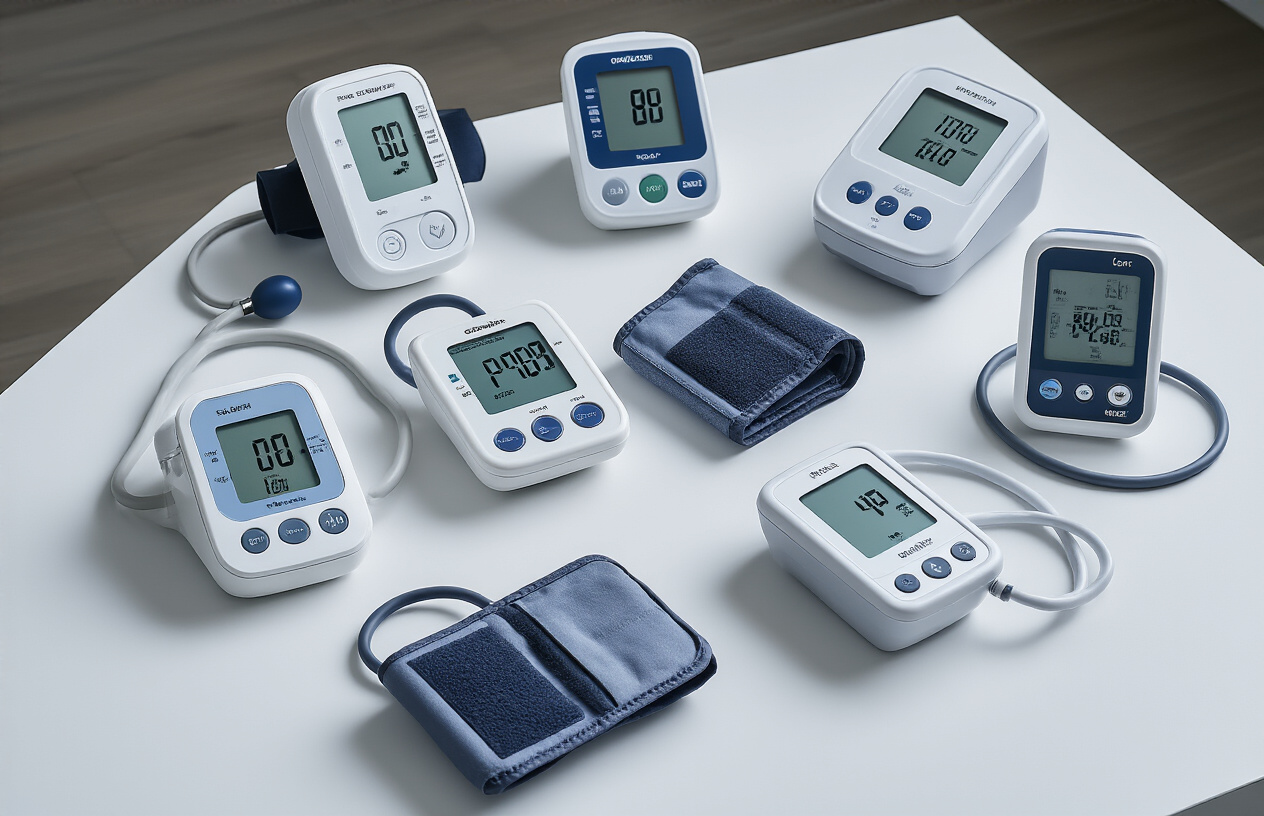 Create a realistic image of several top-rated upper arm blood pressure monitors displayed on a clean white surface, featuring different brands and models with digital displays, inflatable upper arm cuffs, and connecting tubes, arranged in an organized product showcase style with soft, even lighting that highlights the medical devices' features and quality, shot from a slightly elevated angle to show the monitors clearly, with a neutral background that emphasizes the professional medical equipment, absolutely NO text should be in the scene.