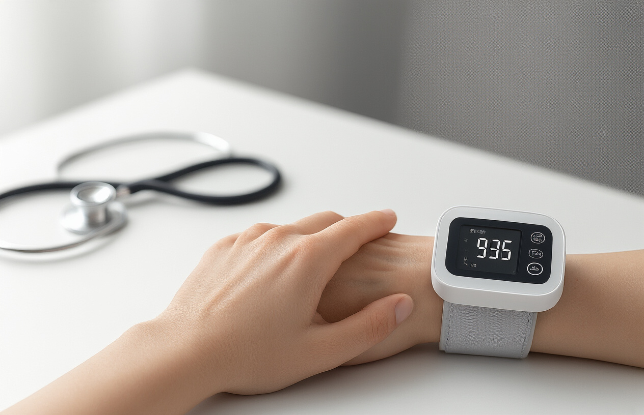 Create a realistic image of a modern wrist blood pressure monitor being worn on a person's left wrist, showing the digital display clearly, with the person's hand resting naturally on a clean white surface, soft natural lighting from the side, minimalist background with subtle medical or health-themed elements like a stethoscope partially visible, emphasizing convenience and portability of the device, absolutely NO text should be in the scene.
