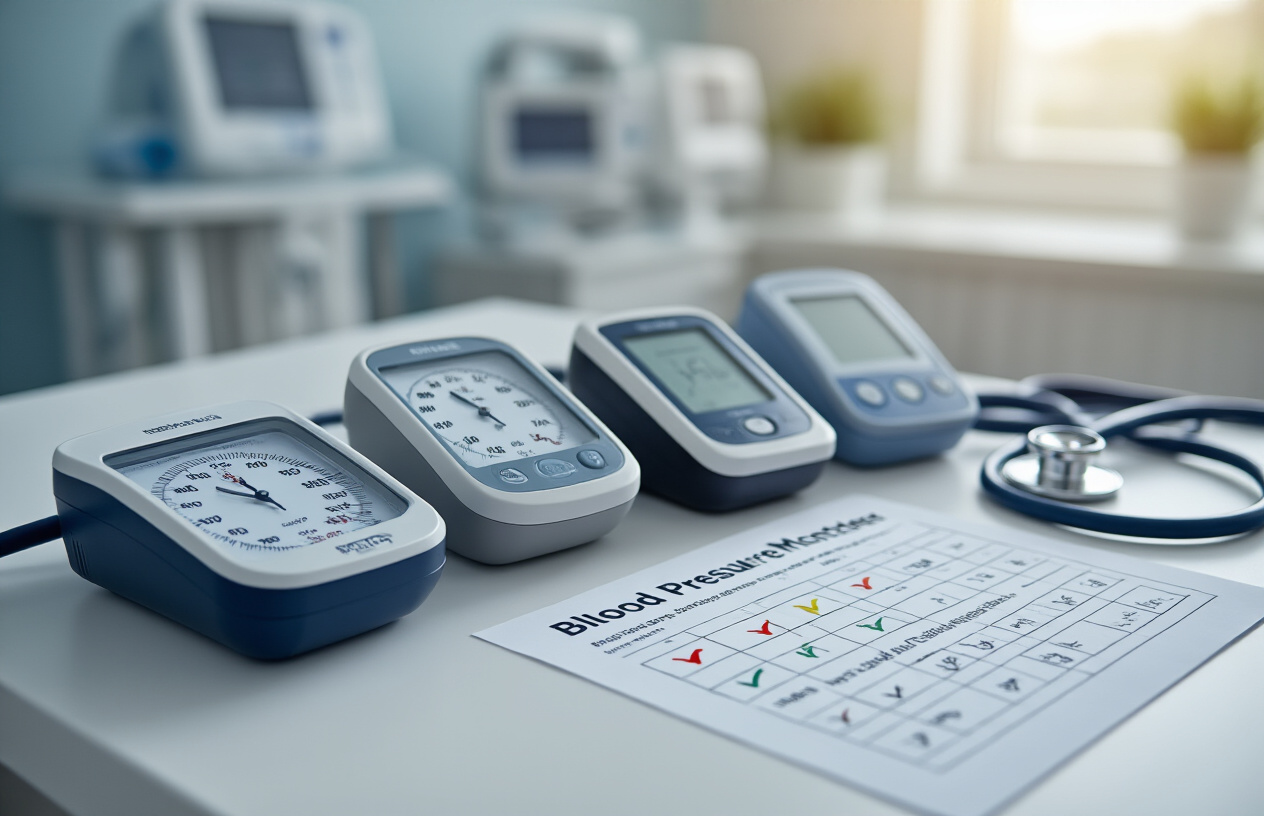 Create a realistic image of multiple blood pressure monitors of different brands and models arranged on a clean white medical examination table, with a comparison chart or scoring sheet visible nearby showing checkmarks and rating symbols, medical stethoscope placed beside the devices, bright clinical lighting from above, professional medical office background with blurred medical equipment, clean and organized healthcare setting atmosphere, Absolutely NO text should be in the scene.