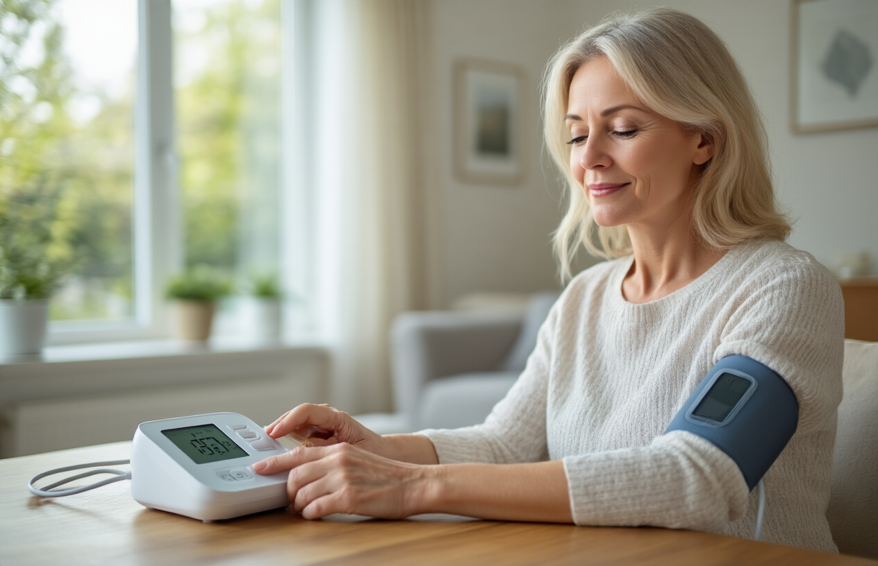 Create a realistic image of a middle-aged white female sitting comfortably at a wooden table in a bright, well-lit living room, easily operating a digital blood pressure monitor with a clear LCD display, the cuff properly wrapped around her upper arm, her face showing a calm and confident expression as she presses a large, user-friendly button on the device, with the monitor's cord neatly organized and the device appearing modern and intuitive to use, soft natural lighting from a nearby window illuminating the scene, creating a peaceful and reassuring atmosphere that emphasizes simplicity and ease of use, absolutely NO text should be in the scene.
