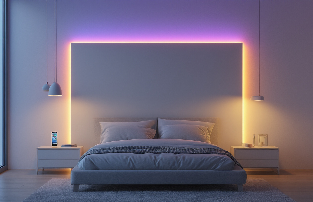 Create a realistic image of a modern bedroom interior featuring smart LED light strips installed behind a bed headboard and around the room's perimeter, emitting warm ambient colors including soft blues, purples, and warm whites that create a calming atmosphere, with a sleek smart lighting control panel or smartphone on a nightstand showing lighting controls, contemporary furniture with clean lines, a comfortable bed with neutral bedding, and soft shadows cast by the color-changing lights creating a serene and relaxing environment, photographed in evening lighting conditions to emphasize the mood-enhancing glow of the smart lighting system, absolutely NO text should be in the scene.