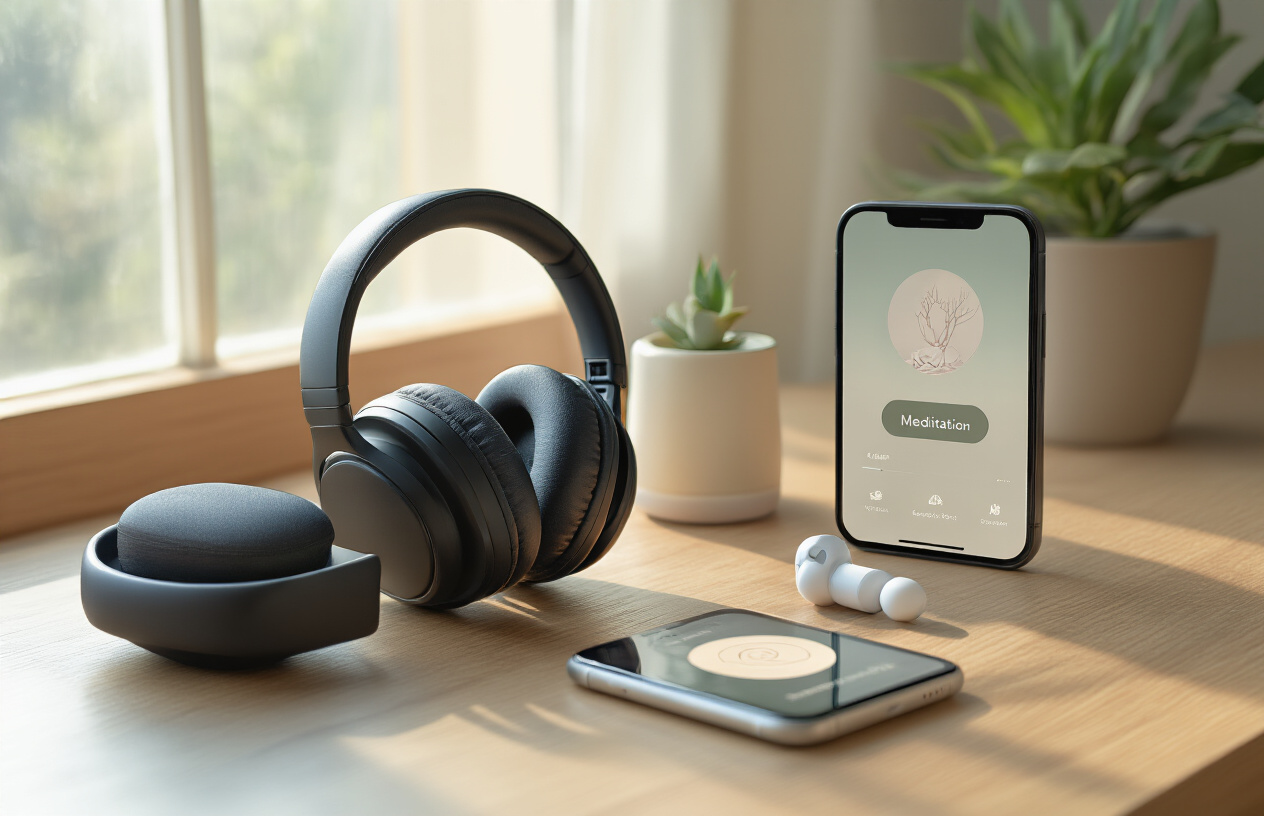 Create a realistic image of high-quality wireless headphones and earbuds arranged on a clean wooden desk surface alongside a smartphone displaying a meditation app interface, with soft natural lighting from a nearby window creating gentle shadows, a small potted plant and essential oil diffuser in the background creating a calm wellness atmosphere, warm and peaceful mood with muted colors, absolutely NO text should be in the scene.
