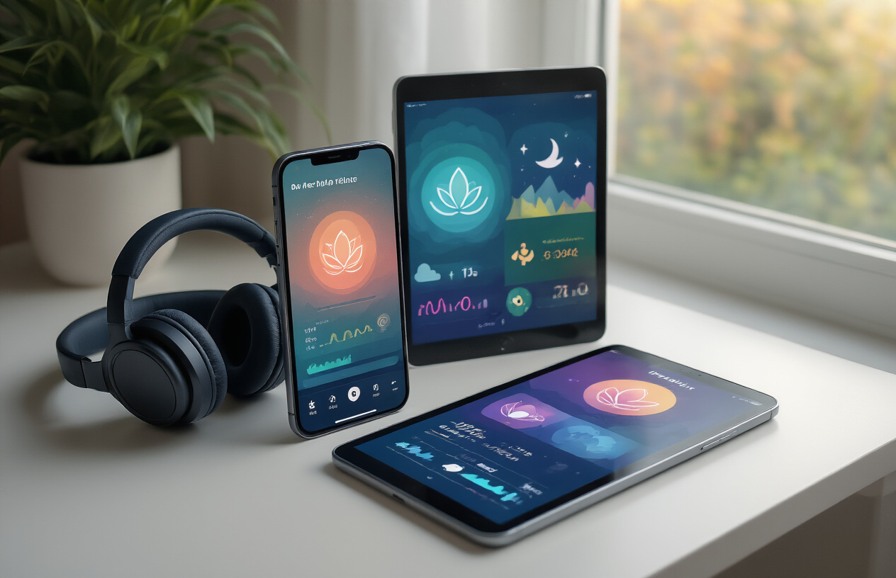 Create a realistic image of a smartphone and tablet displaying colorful mental wellness app interfaces with meditation icons, mood tracking charts, and calming nature sounds symbols, placed on a clean white desk next to a pair of wireless headphones, soft natural lighting from a nearby window, peaceful and organized workspace atmosphere, Absolutely NO text should be in the scene.