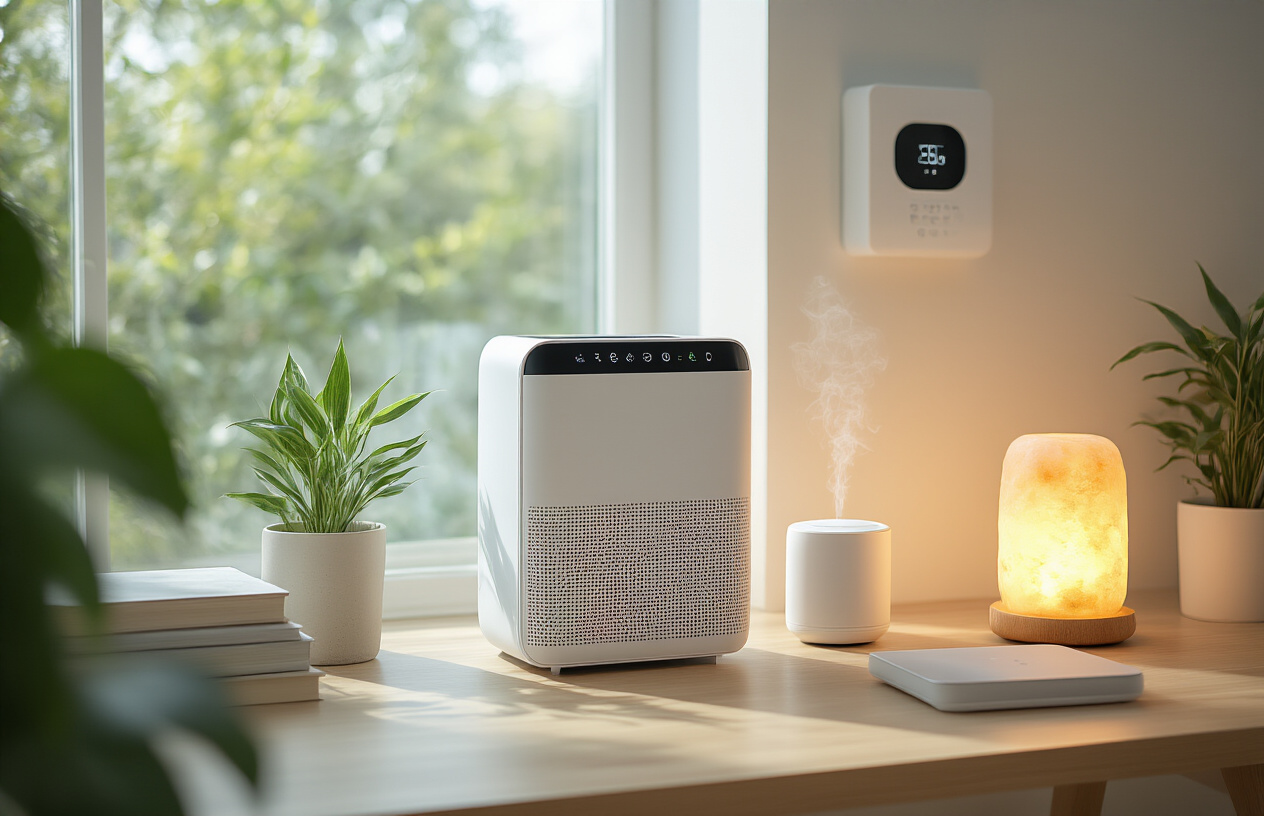 Create a realistic image of a modern, serene home office space featuring various environmental control gadgets including a sleek air purifier with LED indicators, a smart thermostat on the wall, a white noise machine on a desk, a himalayan salt lamp glowing warmly, an essential oil diffuser releasing gentle mist, and a smart lighting system with soft, adjustable LED panels, all arranged in a clean, minimalist room with plants, natural wood furniture, and soft natural lighting streaming through a window, creating a calm and peaceful atmosphere optimized for mental wellness. Absolutely NO text should be in the scene.