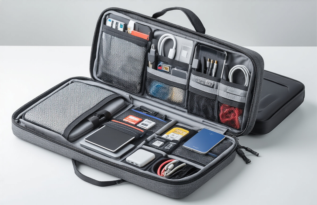 Create a realistic image of a high-quality tech gear travel organizer laid open on a clean white surface, showcasing essential organizational features including multiple zippered compartments of varying sizes, elastic straps holding cables and chargers, mesh pockets containing USB drives and memory cards, padded sections protecting a tablet and smartphone, cable management loops, and a power bank slot, with soft natural lighting from above highlighting the durable fabric texture and functional design elements, shot from a slightly elevated angle to show the complete interior layout and organizational capabilities. Absolutely NO text should be in the scene.