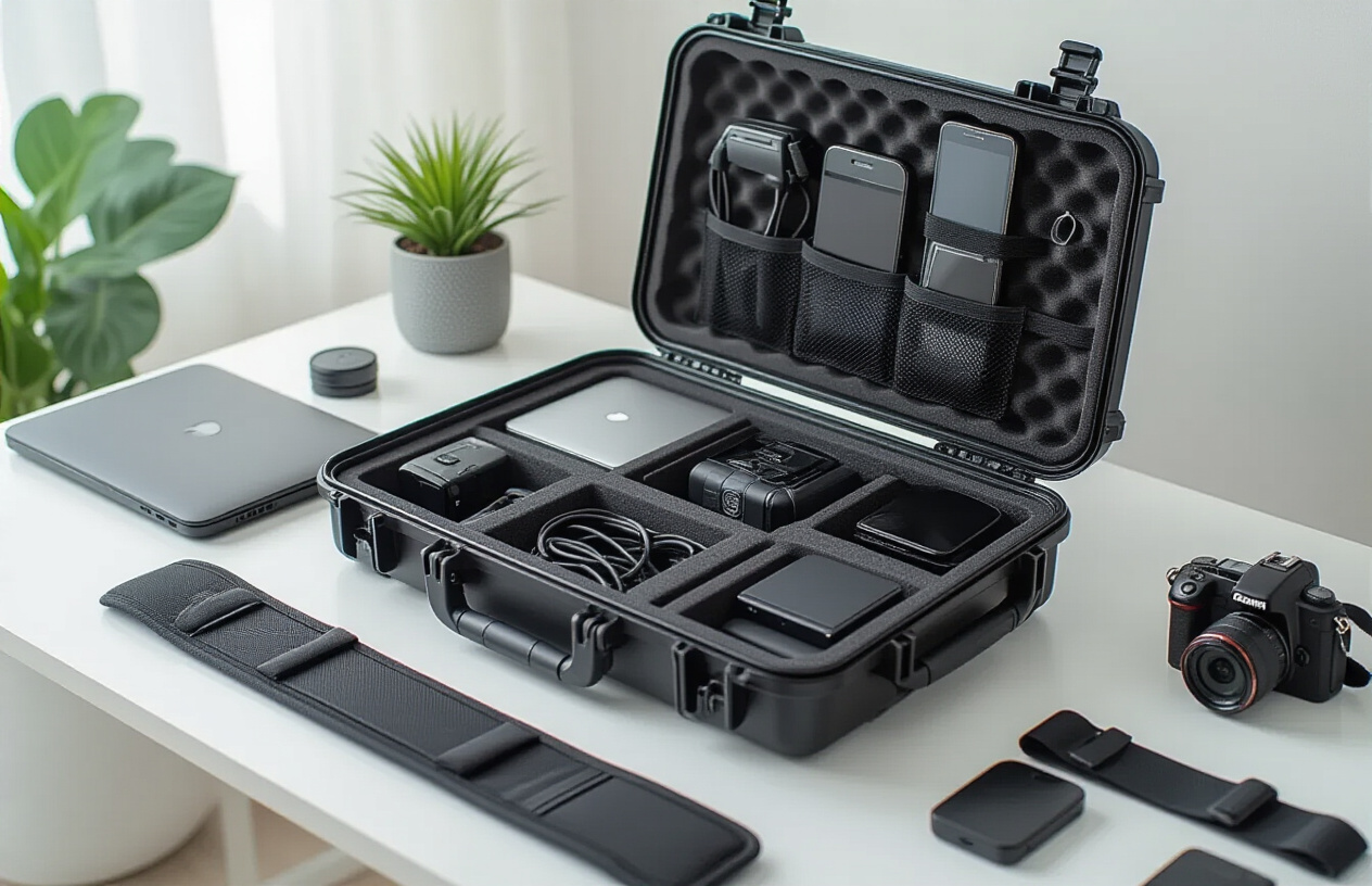 Create a realistic image of a hard shell travel case opened to reveal organized compartments containing various tech gadgets like laptops, tablets, cameras, cables, and chargers, with the case made of durable black or gray protective material featuring foam padding and elastic straps, positioned on a clean white surface with soft even lighting that highlights the protective features and organization capabilities of the case, absolutely NO text should be in the scene.