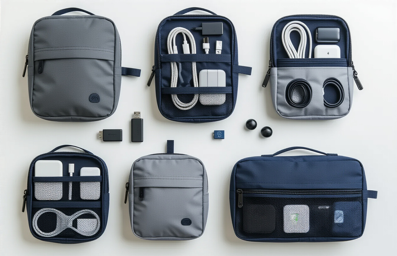Create a realistic image of several soft fabric travel pouches and organizers in different sizes laid out on a white surface, containing neatly organized tech gear including charging cables, power banks, earbuds, USB drives, and small electronic accessories, with the pouches made of lightweight nylon or canvas material in neutral colors like gray, black, and navy blue, shot from above with clean bright lighting that emphasizes the organized and compact nature of the packing system, absolutely NO text should be in the scene.