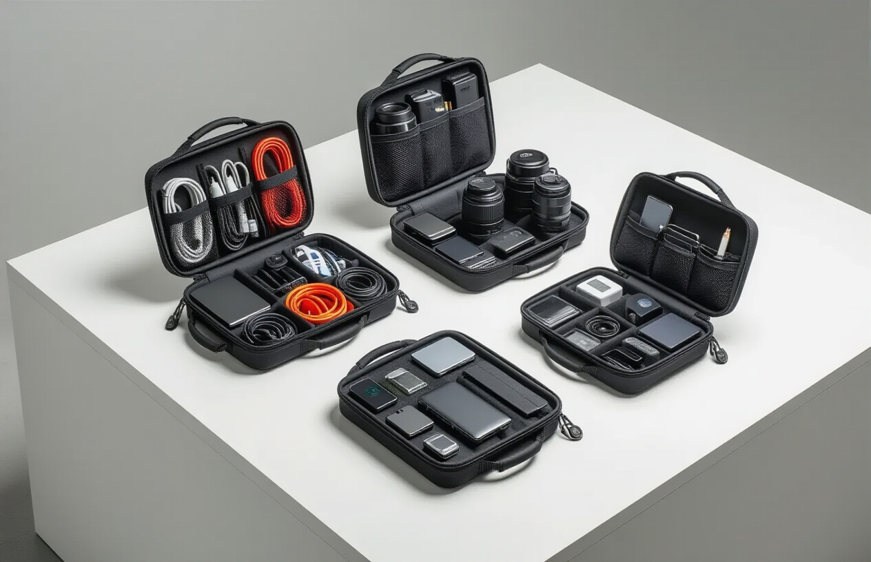 Create a realistic image of various specialized travel organizer bags and cases arranged on a white surface, each containing different categories of tech gear - one organizer showing neatly arranged cables and chargers, another displaying camera equipment and lenses, a third containing laptop accessories and portable drives, and a fourth with smartphone accessories and power banks, shot with clean studio lighting that highlights the organized compartments and tech items, with a neutral background that emphasizes the functionality and organization of each specialized case, absolutely NO text should be in the scene.