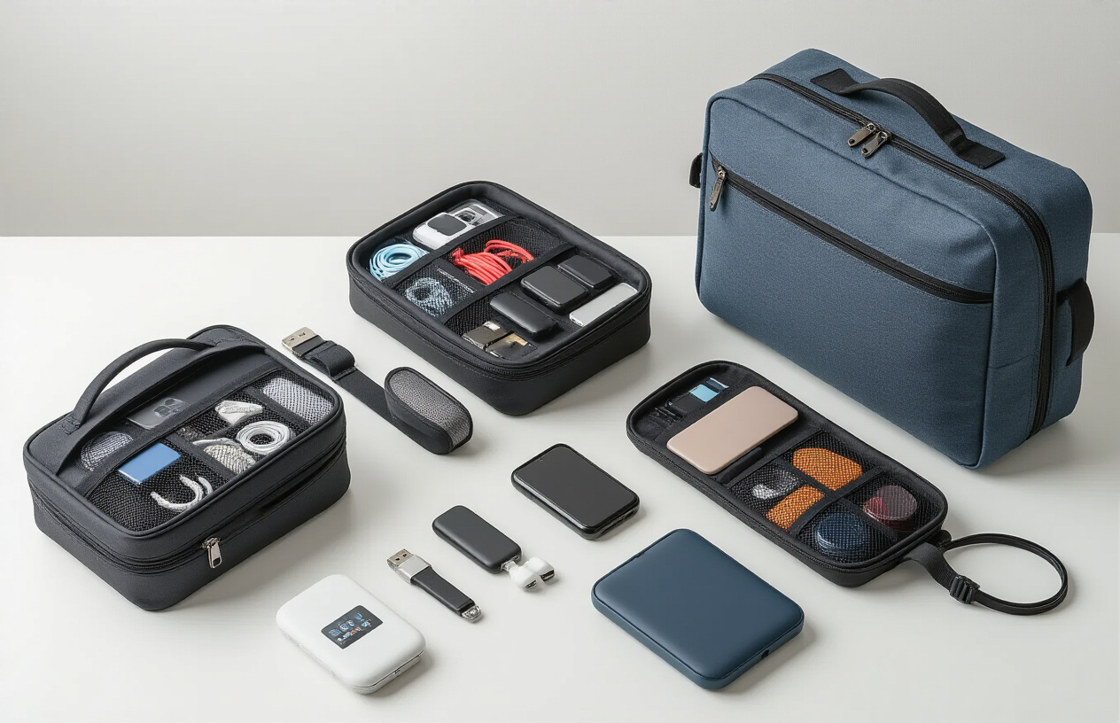 Create a realistic image of various travel organizers and tech gear bags in different sizes arranged on a clean white surface, showing a small compact organizer perfect for day trips, a medium-sized organizer ideal for business travel, and a large organizer suitable for extended vacations, each containing visible tech accessories like cables, chargers, and small devices, with soft natural lighting creating subtle shadows, and a minimalist background that emphasizes the size comparison between the different organizers, absolutely NO text should be in the scene.