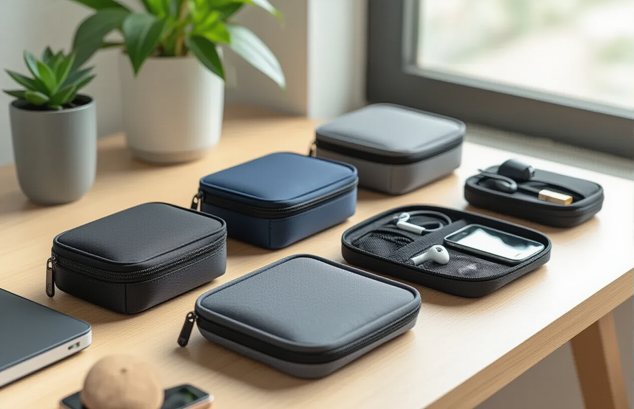 Create a realistic image of affordable travel organizers and tech gear pouches arranged on a wooden desk surface, showing various budget-friendly cable organizers, small electronics cases, and travel pouches in neutral colors like black, navy, and gray, with some tech accessories like charging cables, earbuds, and a smartphone partially visible inside the open organizers to demonstrate their protective functionality, soft natural lighting from a window creating gentle shadows, clean and organized composition suggesting quality and value, absolutely NO text should be in the scene.