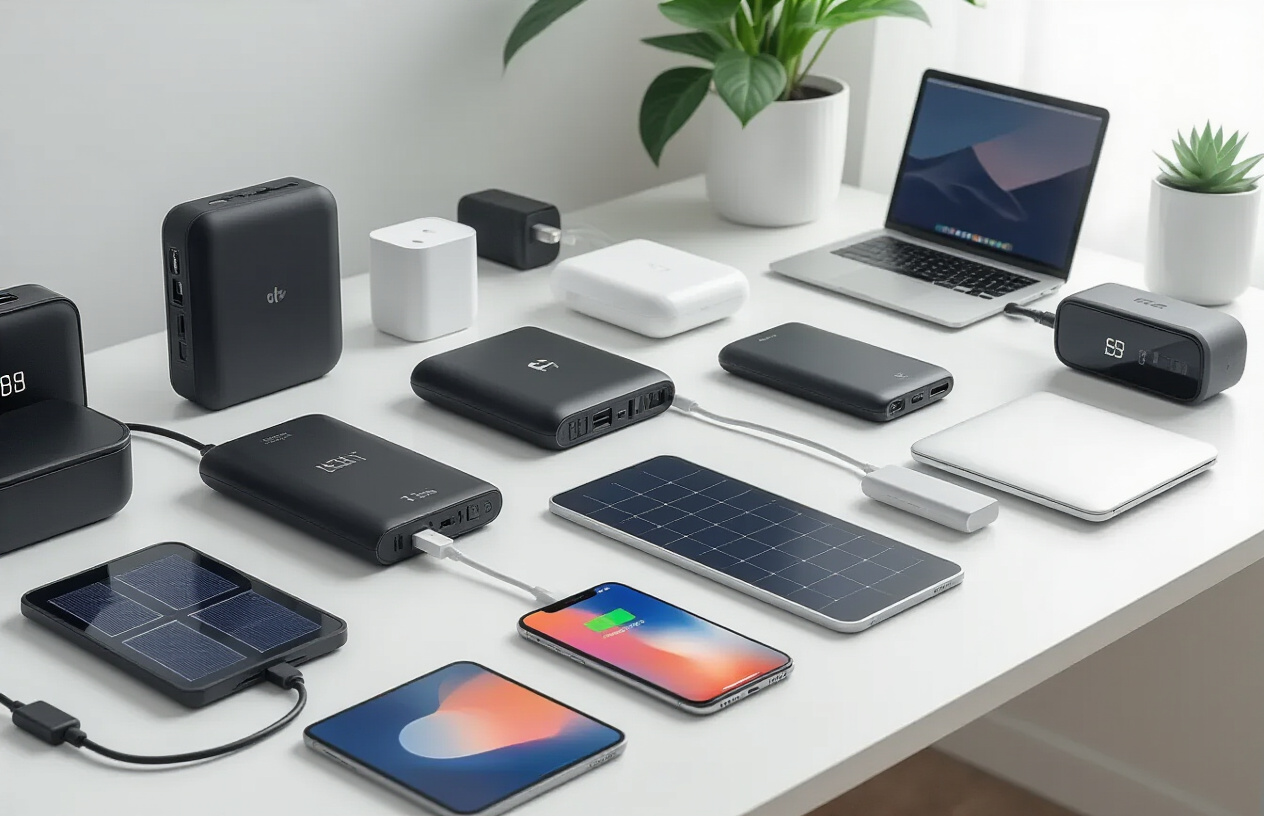 Create a realistic image of various portable power solutions and charging devices arranged on a modern desk surface, including power banks of different sizes, wireless charging pads, portable solar panels, USB cables, and a laptop charger, with some devices actively charging smartphones and tablets, set against a clean contemporary background with soft natural lighting from a nearby window, conveying a sense of connectivity and preparedness for mobile technology needs, absolutely NO text should be in the scene.