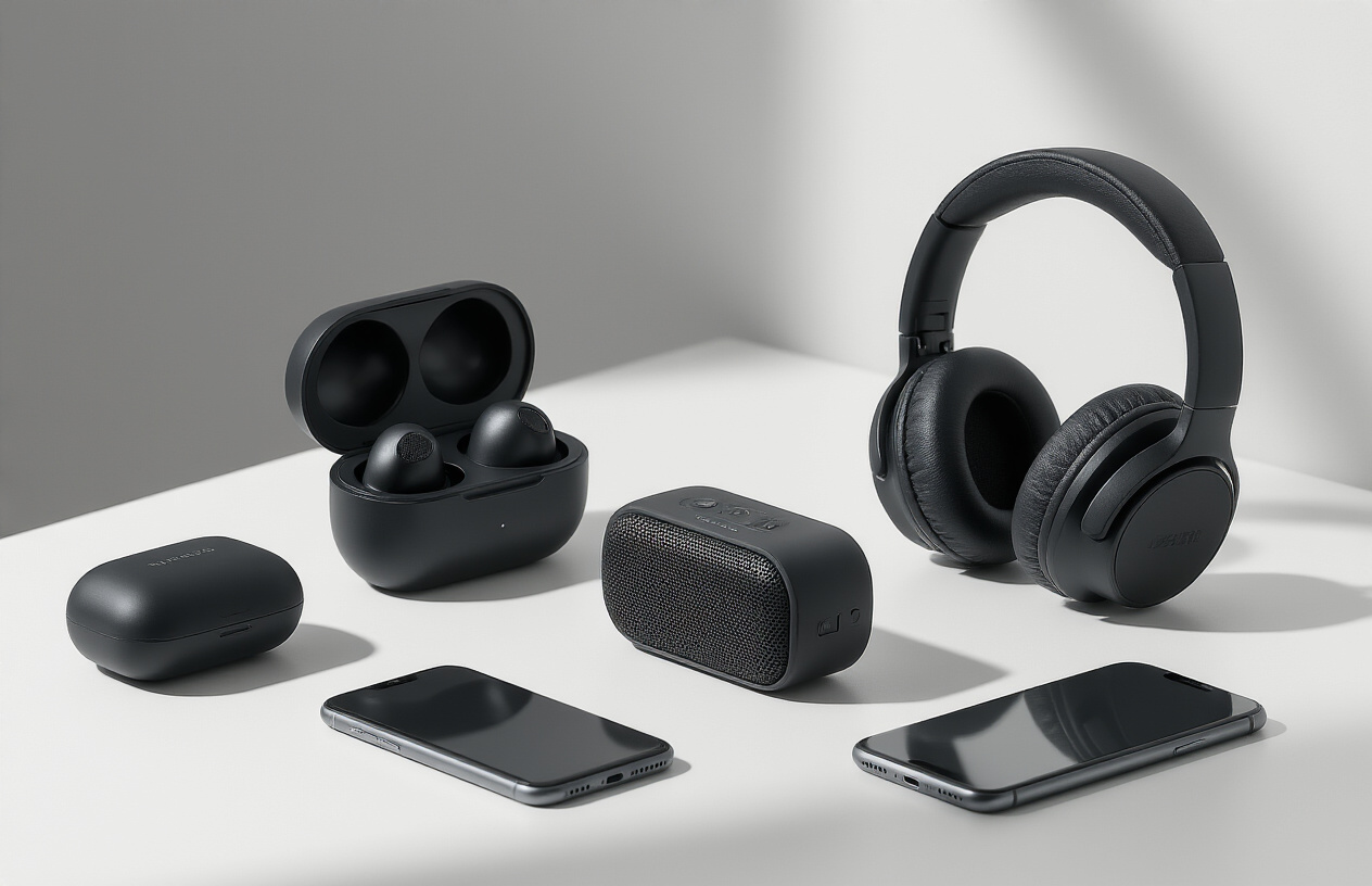 Create a realistic image of a collection of portable audio devices artfully arranged on a clean white surface, including wireless earbuds in their charging case, over-ear headphones, a compact Bluetooth speaker, and a smartphone, with soft natural lighting from the side creating gentle shadows, showcasing these modern entertainment and communication gadgets in a minimalist tech-focused composition, absolutely NO text should be in the scene.