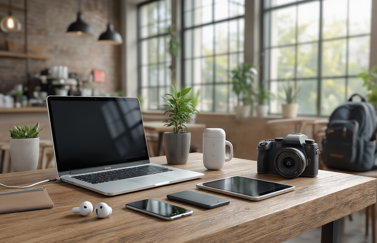Create a realistic image of a modern workspace setup with essential portable gadgets arranged on a wooden desk including a sleek laptop, smartphone, wireless earbuds, portable charger, compact camera, and tablet, with a comfortable co-working space or coffee shop environment in the background featuring soft natural lighting from large windows, creating a productive and mobile work atmosphere perfect for remote work, with a backpack and travel accessories subtly visible nearby. Absolutely NO text should be in the scene.