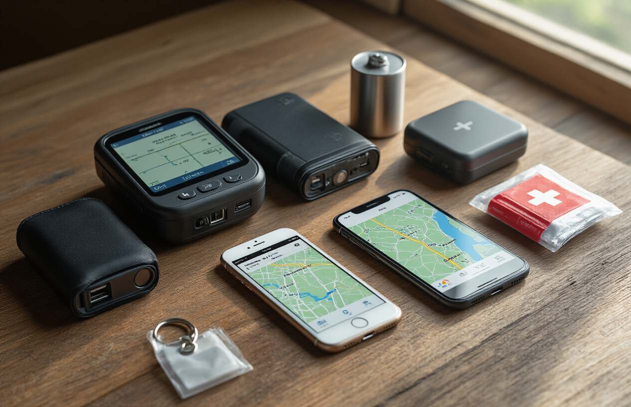 Create a realistic image of a collection of modern portable navigation and safety gadgets arranged on a wooden surface, including a GPS device, smartphone with maps app visible on screen, portable power bank, emergency whistle, compact flashlight, and a small first aid kit, with soft natural lighting from a window creating gentle shadows, conveying a sense of preparedness and reliability for travelers, absolutely NO text should be in the scene.