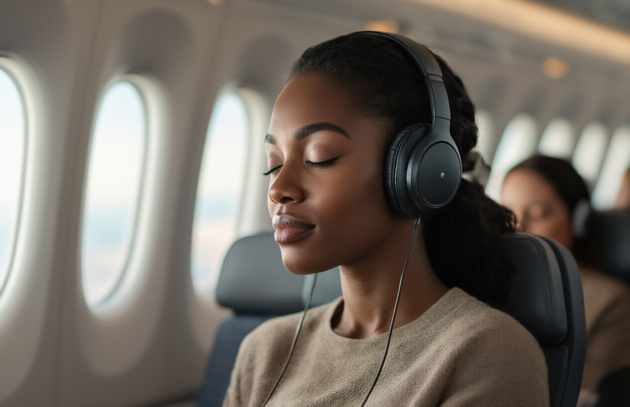 Create a realistic image of a peaceful airplane cabin interior with a Black female passenger wearing modern noise-canceling headphones, sitting comfortably in a window seat with her eyes closed and a serene expression, soft ambient lighting from the aircraft windows, other passengers blurred in the background, focusing on the contrast between the busy travel environment and the passenger's calm, relaxed state, shot from a slight side angle to capture both the headphones and the peaceful atmosphere, Absolutely NO text should be in the scene.