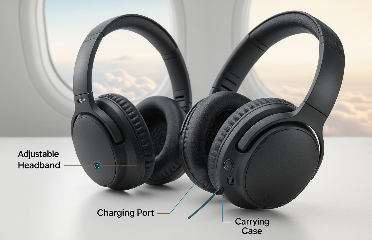 Create a realistic image of premium noise-canceling headphones displayed on a clean white surface with key feature callouts visible through subtle visual indicators, showing padded ear cups, adjustable headband, control buttons, charging port, and carrying case, with airplane window and clouds softly blurred in the background, professional product photography lighting, modern and sleek composition, absolutely NO text should be in the scene.