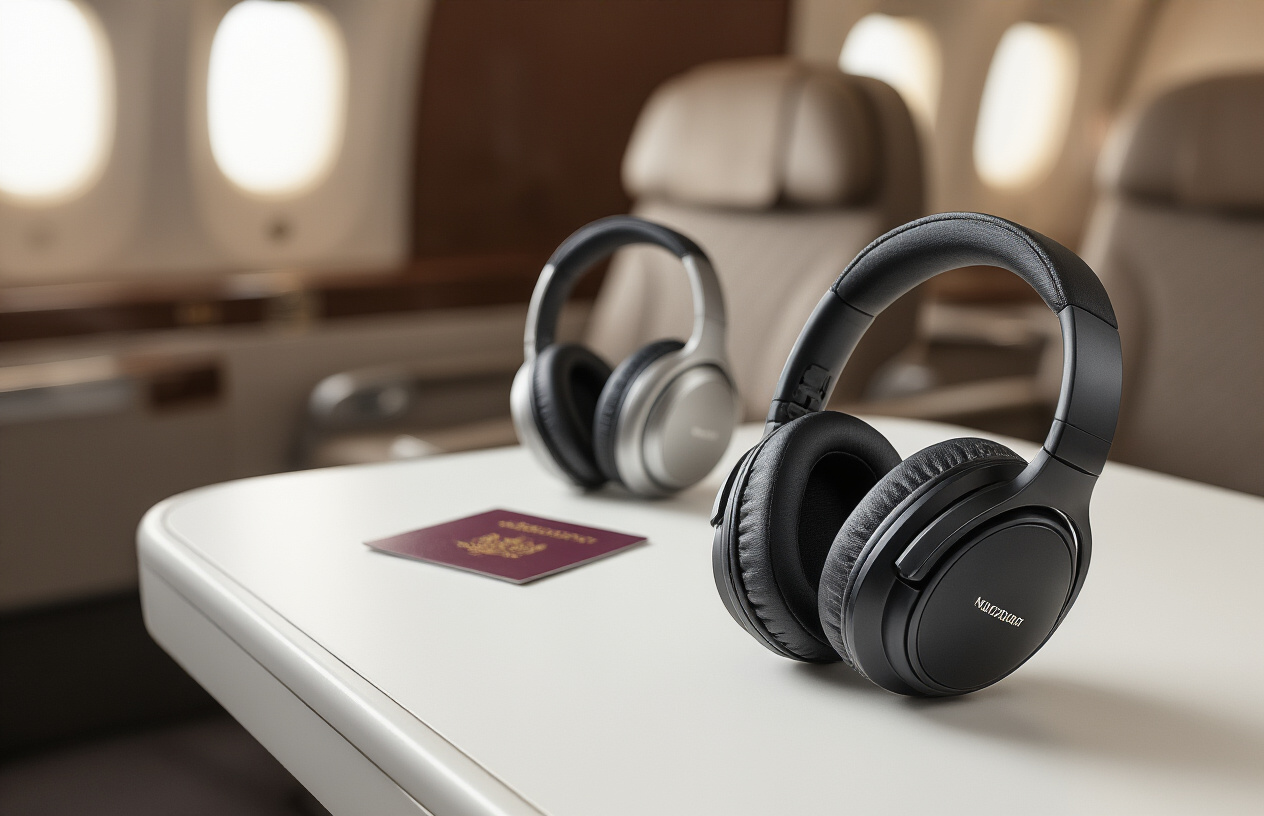 Create a realistic image of premium noise-canceling headphones displayed elegantly on a clean white surface with soft studio lighting, featuring multiple high-end models including over-ear headphones in black and silver finishes, with airplane seats blurred in the background to suggest travel context, complemented by subtle elements like a boarding pass and passport partially visible, maintaining a luxurious and professional product showcase aesthetic with warm ambient lighting that highlights the sleek design and premium materials of the headphones, absolutely NO text should be in the scene.