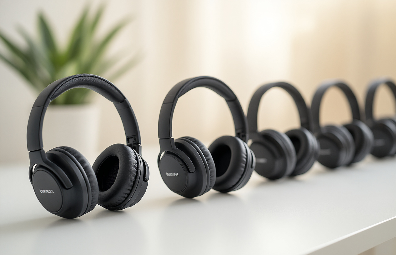 Create a realistic image of several pairs of budget-friendly noise-canceling headphones arranged on a clean white surface with price tags showing affordable prices, soft natural lighting from the side, shallow depth of field focusing on the headphones in the foreground, modern minimalist background, warm and inviting mood that conveys value and quality, absolutely NO text should be in the scene.