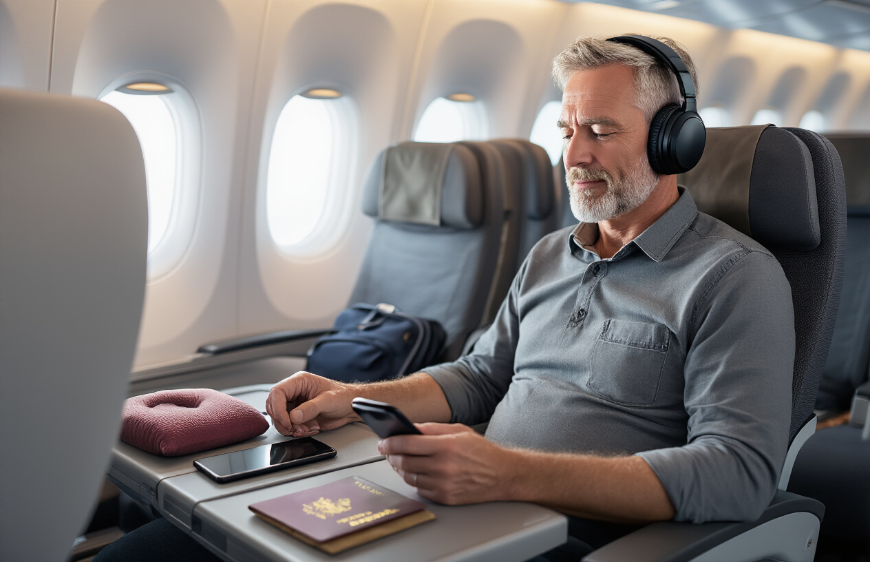Create a realistic image of a middle-aged white male passenger sitting in an airplane window seat wearing black noise-canceling headphones, with his smartphone and travel essentials like passport, boarding pass, and small travel pillow neatly organized on the tray table in front of him, showing airplane interior with rows of seats in soft cabin lighting, conveying a prepared and comfortable travel experience, absolutely NO text should be in the scene.