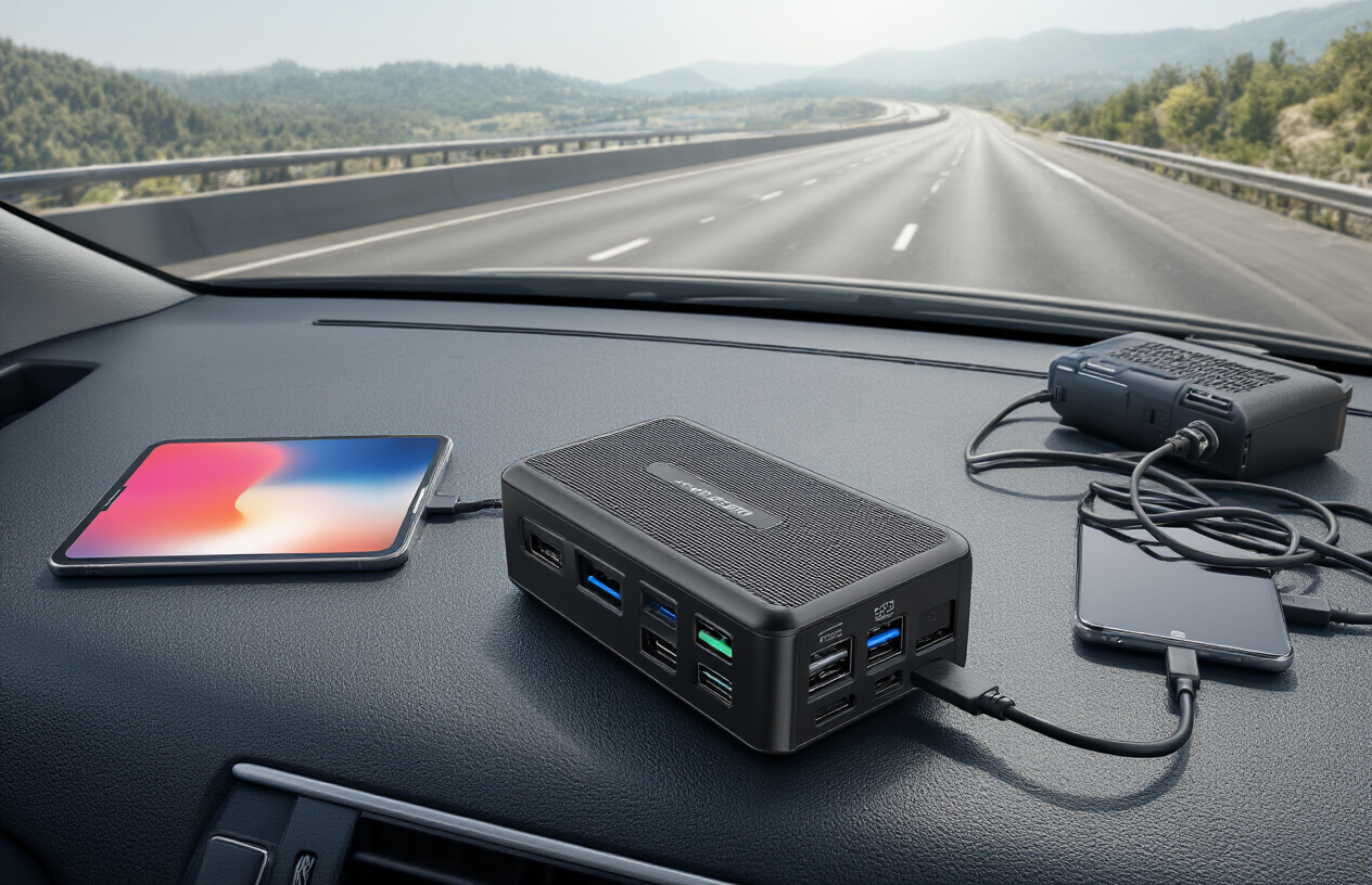 Create a realistic image of a high-capacity power bank with multiple charging ports and LED indicators placed on a car dashboard, surrounded by essential road trip items like a smartphone, tablet, GPS device, and charging cables, with a scenic highway visible through the windshield in the background, bright daylight lighting creating a clear travel atmosphere, absolutely NO text should be in the scene.