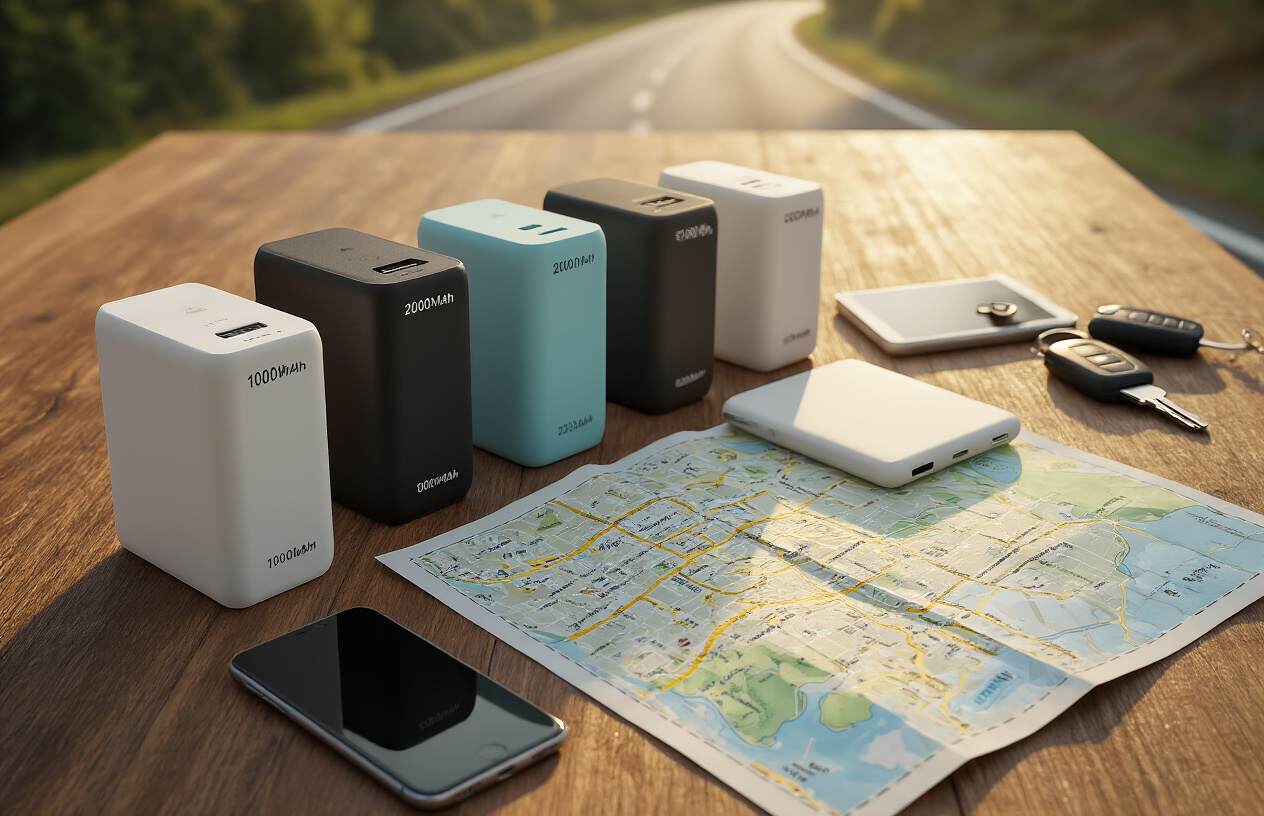Create a realistic image of various power banks of different sizes arranged on a wooden table next to an open road map, with a smartphone, tablet, and car keys scattered around, showing different capacity labels (10000mAh, 20000mAh, 30000mAh) on the power banks, warm indoor lighting creating soft shadows, clean and organized setup suggesting planning and preparation for travel, absolutely NO text should be in the scene.