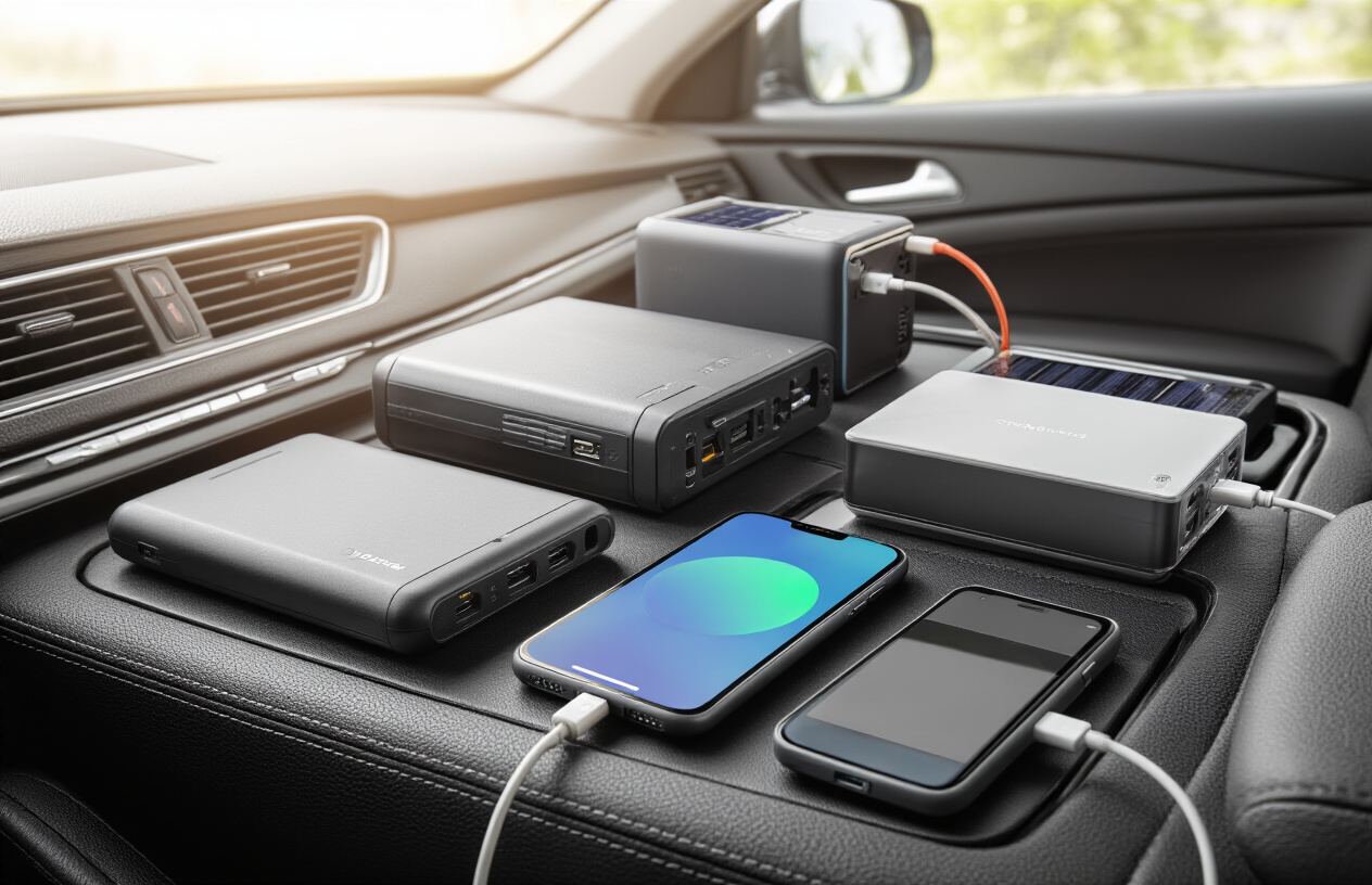 Create a realistic image of various types of power banks arranged on a car dashboard or center console inside a vehicle, showing different sizes and capacities including portable battery packs, solar power banks, and car jump starter power banks, with a smartphone and tablet connected via charging cables, set against the interior of a modern car with leather seats visible in the background, natural daylight streaming through the windshield creating a bright and practical atmosphere, absolutely NO text should be in the scene.