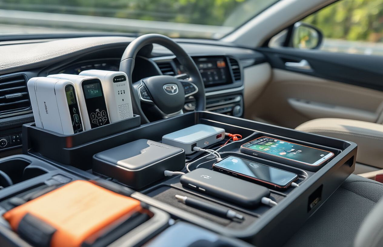 Create a realistic image of a car dashboard and interior during daytime showing multiple power banks of different sizes placed securely in a dashboard organizer tray, with visible safety features like surge protection indicators and temperature monitoring displays, a smartphone connected via charging cable, emergency roadside kit partially visible in the background, clean organized car interior suggesting responsible travel preparation, natural daylight streaming through windshield, focused composition on the charging setup and safety equipment, absolutely NO text should be in the scene.