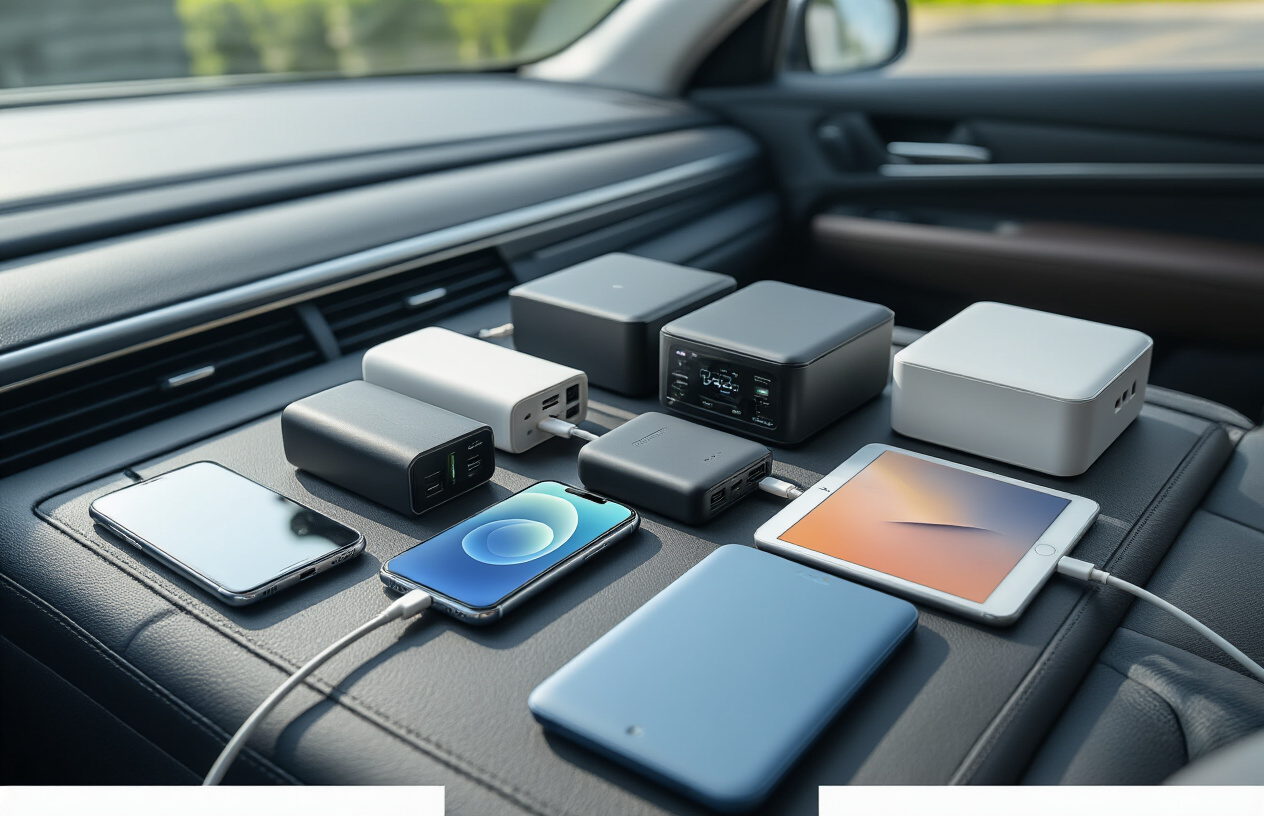 Create a realistic image of a collection of high-quality power banks of various sizes and brands arranged on a car dashboard or center console, with a smartphone and tablet connected via charging cables, set inside a modern vehicle interior with leather seats visible in the background, during daytime with natural lighting streaming through the windshield, creating a clean and organized tech setup that conveys reliability and preparedness for long journeys, absolutely NO text should be in the scene.