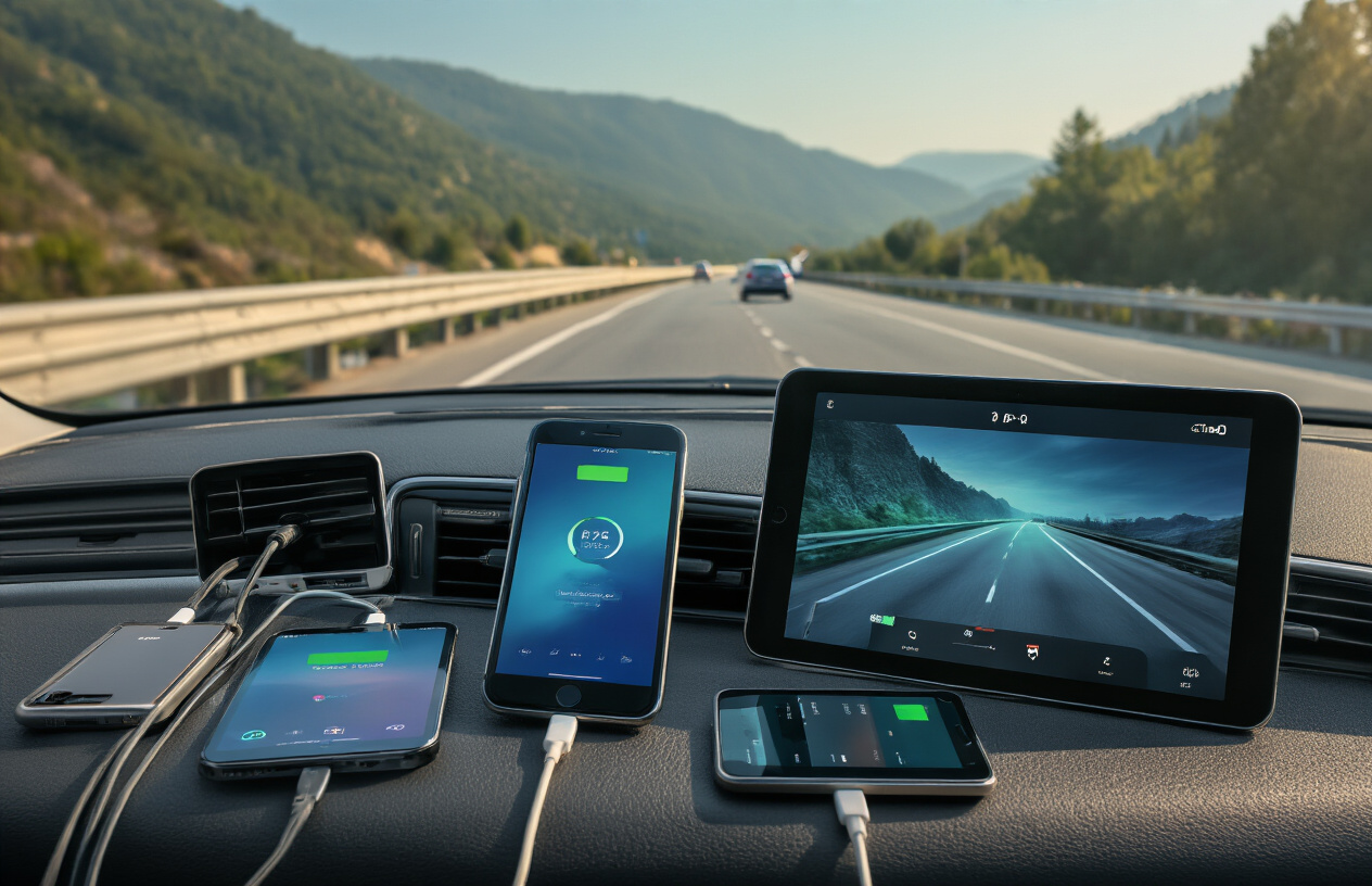 Create a realistic image of a car dashboard during daytime with multiple electronic devices including smartphones and tablets connected to charging cables plugged into power banks, showing battery percentage indicators on device screens, with a scenic highway road visible through the windshield, warm natural lighting filtering through the car windows, and a organized setup demonstrating efficient power management for travel, absolutely NO text should be in the scene.