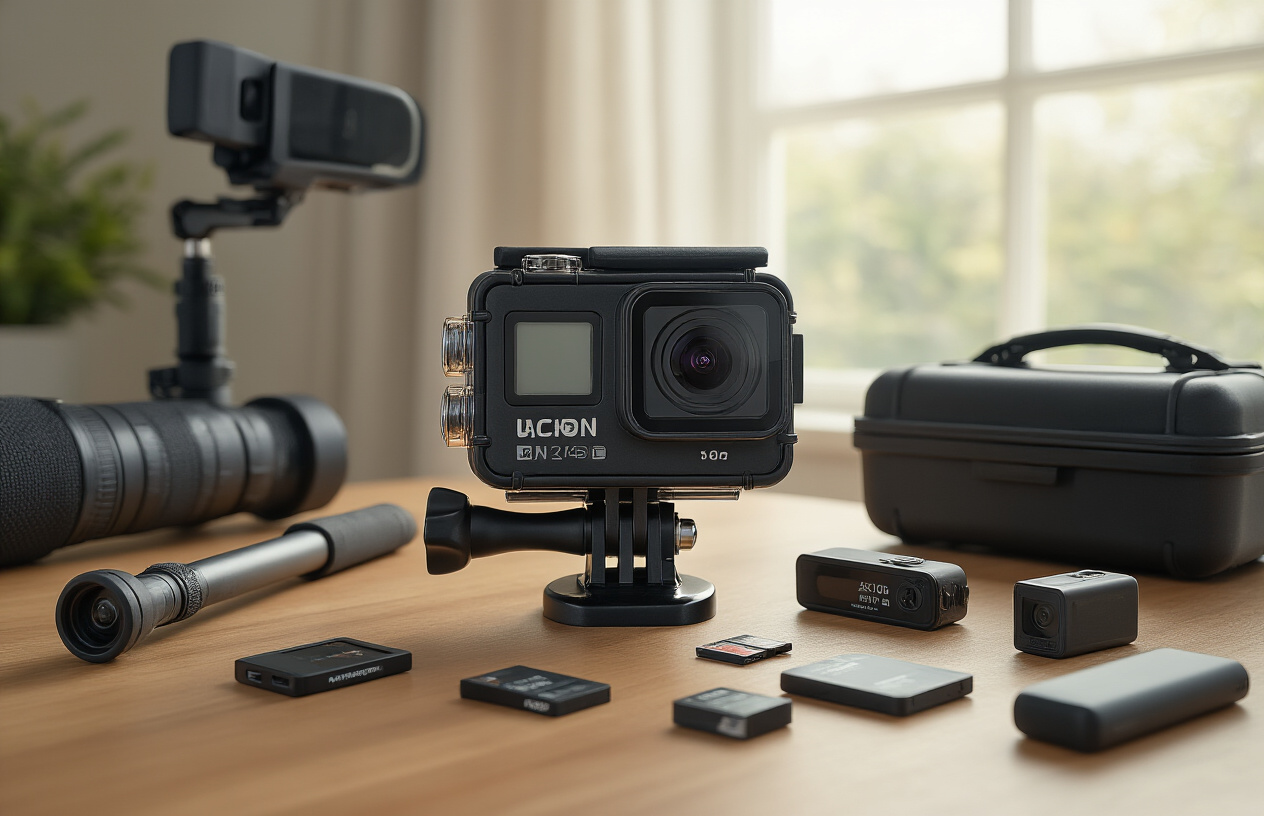 Create a realistic image of a modern action camera positioned prominently in the foreground with its key features visible including LCD screen, multiple buttons, and waterproof housing, surrounded by essential travel vlogging accessories like a selfie stick, microphone attachment, extra batteries, memory cards, and protective case, all arranged on a clean wooden surface with soft natural lighting from a window, creating a professional product showcase atmosphere that highlights the technical aspects of travel vlogging equipment, absolutely NO text should be in the scene.