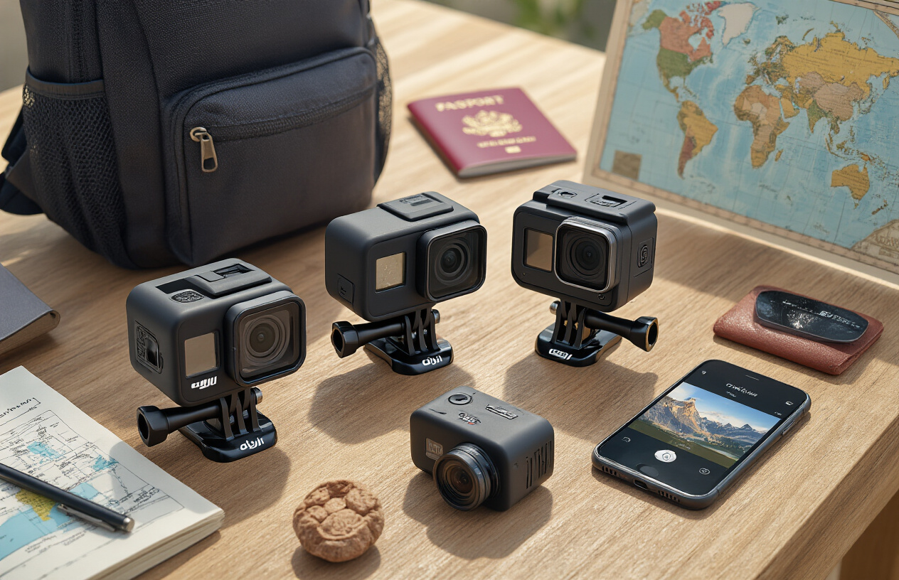 Create a realistic image of five different action cameras arranged on a wooden surface, including popular models like GoPro, DJI, and other compact action cameras, each showing their distinctive designs and mounting accessories, with travel-related items in the background such as a backpack, world map, passport, and smartphone displaying a video editing app, shot in natural daylight with soft shadows, creating a clean and professional product showcase atmosphere, absolutely NO text should be in the scene.