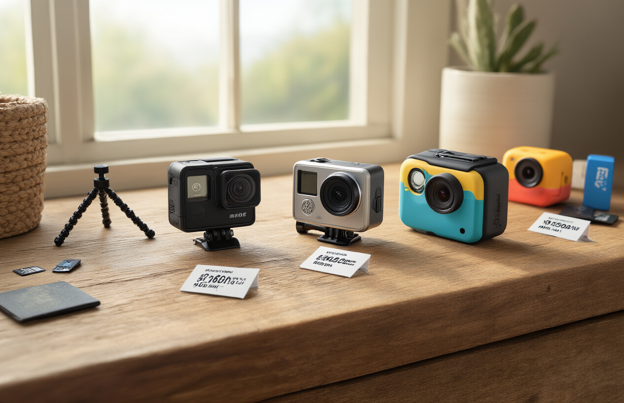 Create a realistic image of several affordable action cameras displayed on a wooden surface with price tags showing budget-friendly amounts, including a compact black action camera, a small silver camera, and a colorful entry-level model, with travel accessories like a small tripod and memory cards scattered around them, soft natural lighting from a window creating an inviting atmosphere that suggests quality without premium pricing, absolutely NO text should be in the scene.