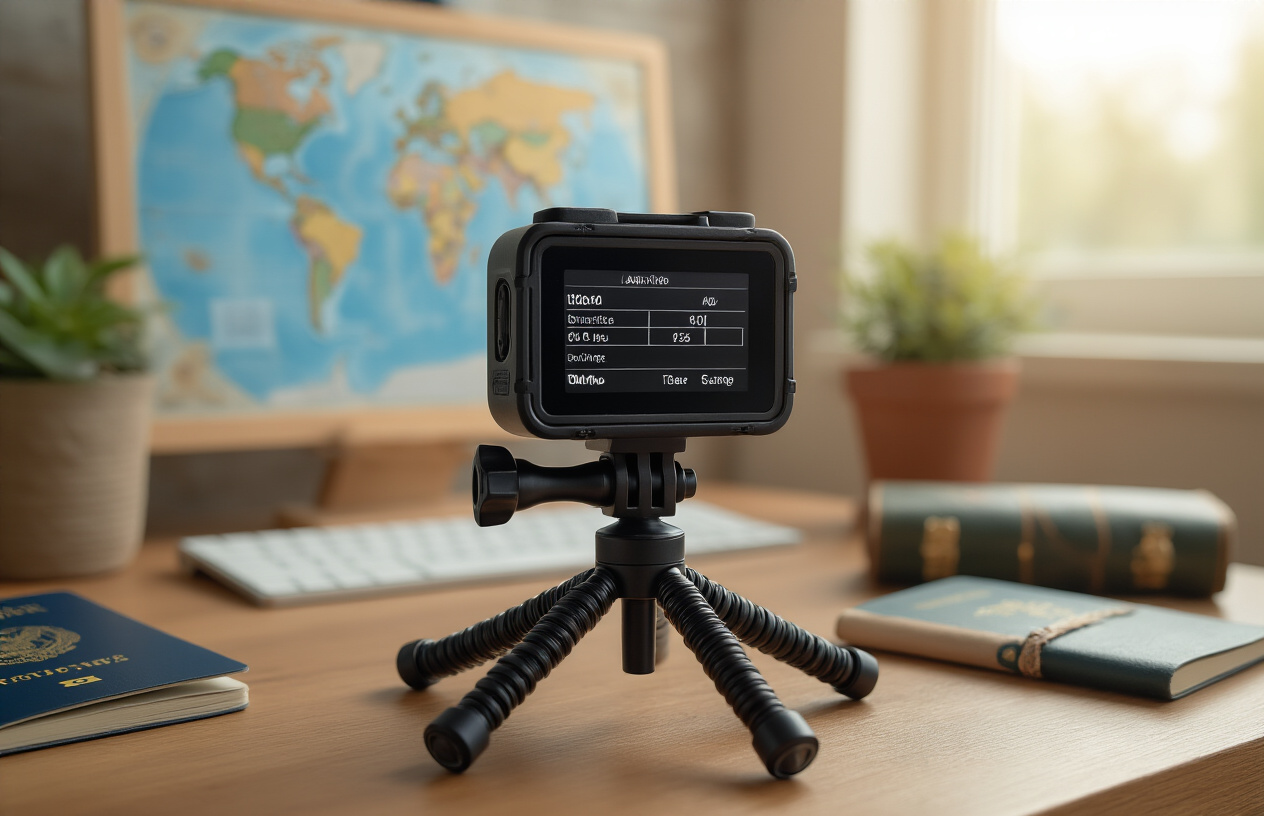 Create a realistic image of a sleek black action camera mounted on a flexible tripod positioned on a wooden desk, with the camera's LCD screen displaying advanced manual settings menu including ISO, shutter speed, and white balance options, surrounded by travel accessories like a passport, world map, and small travel journal, with soft natural lighting from a nearby window creating a warm atmosphere, shot from a slightly elevated angle to showcase the camera's interface and travel context, absolutely NO text should be in the scene.