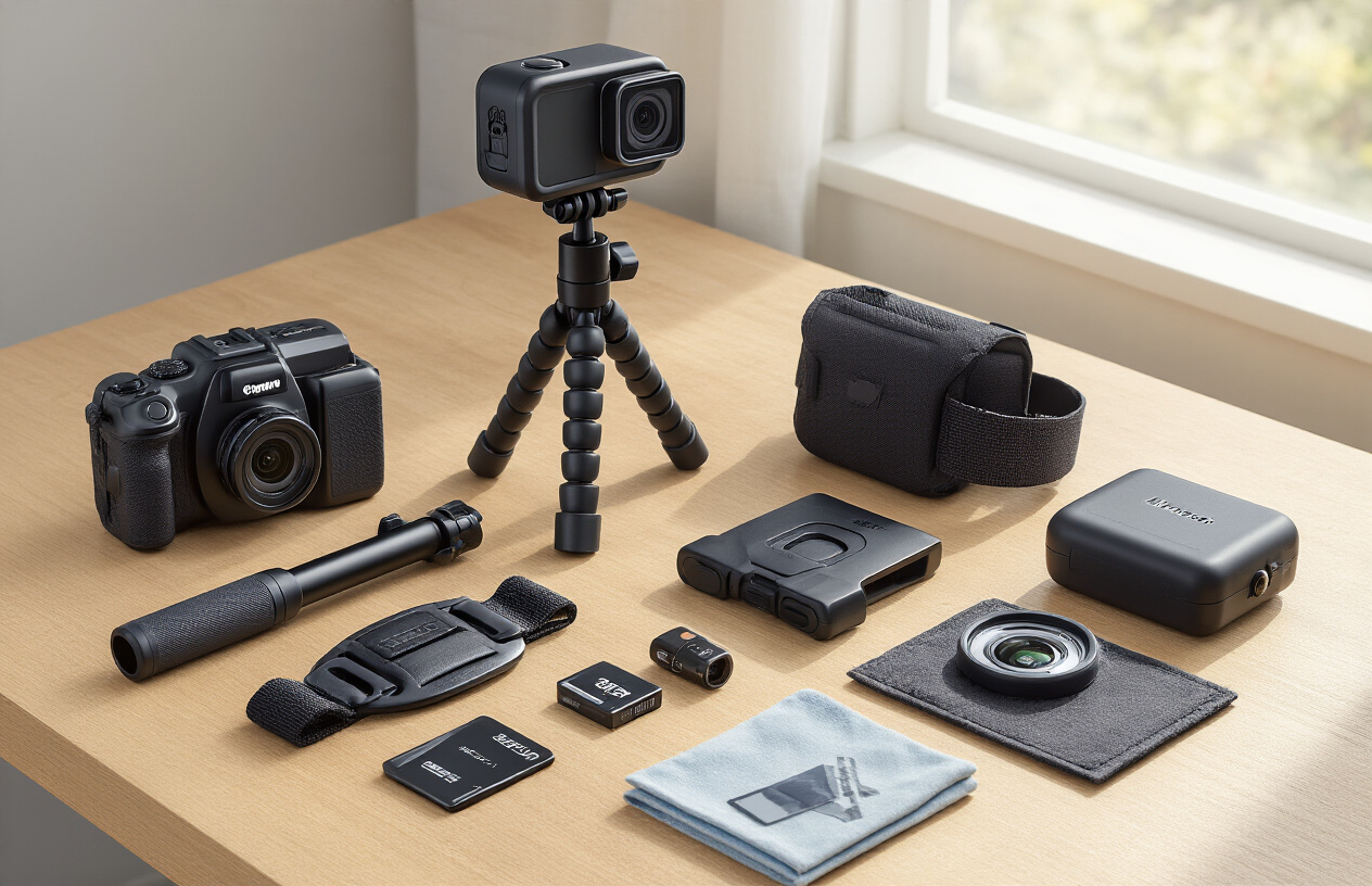 Create a realistic image of various action camera accessories neatly arranged on a wooden desk surface including a selfie stick, tripod, chest harness, head strap mount, waterproof case, extra batteries, memory cards, lens cleaning cloth, and a portable charger, with soft natural lighting from a window creating gentle shadows, shot from a slightly elevated angle to showcase all accessories clearly, with a clean modern workspace background. Absolutely NO text should be in the scene.